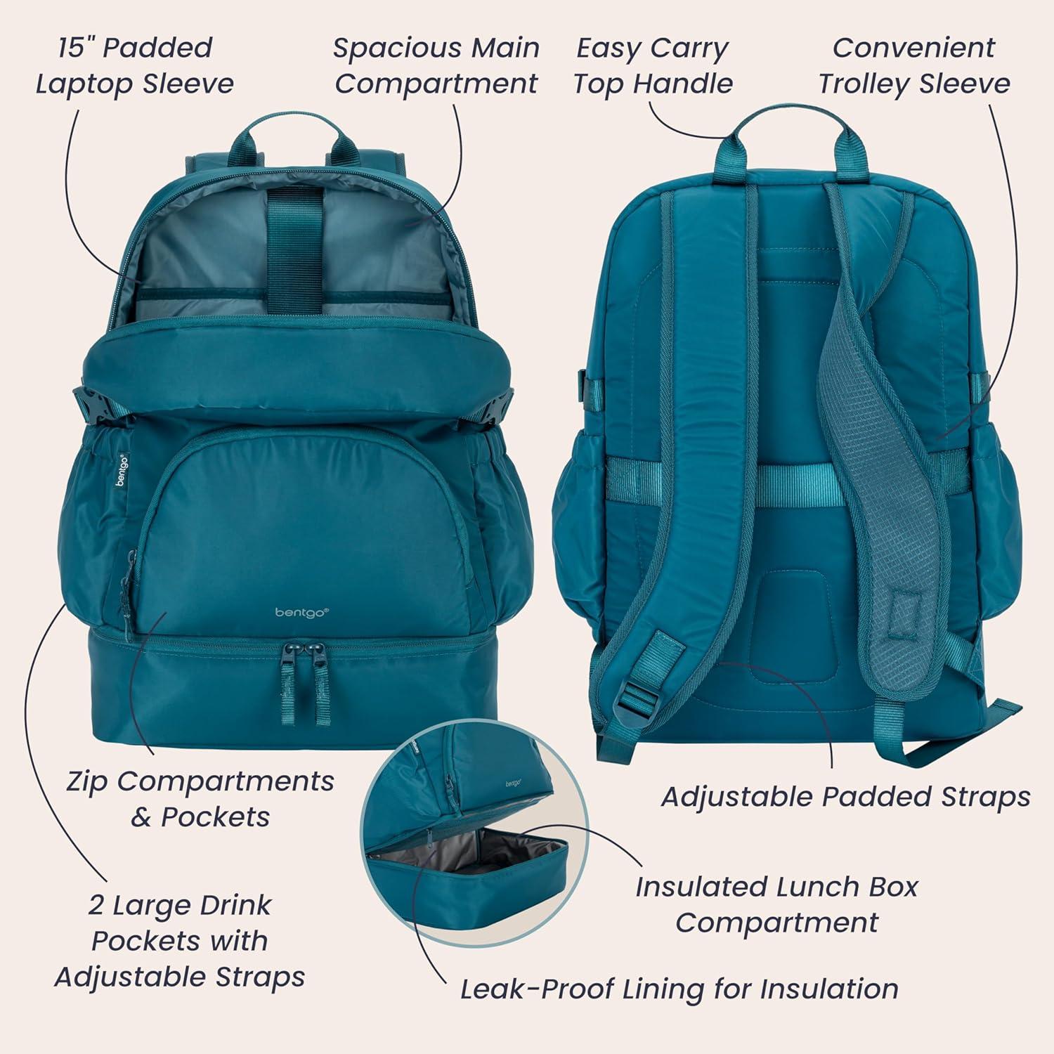 imageBentgo 2in1 Adult Backpack amp Insulated Lunch Bag Lightweight WaterResistant Travel Backpack with 9 Compartments Laptop Sleeve amp Trolley Sleeve for Work amp Everyday Use Soft BlushDeep Teal