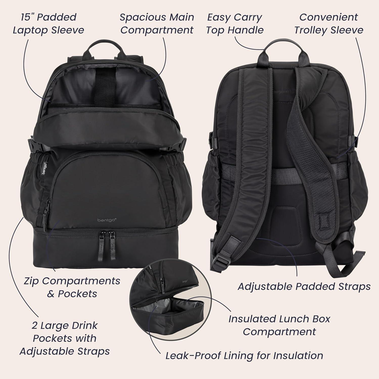 imageBentgo 2in1 Adult Backpack amp Insulated Lunch Bag Lightweight WaterResistant Travel Backpack with 9 Compartments Laptop Sleeve amp Trolley Sleeve for Work amp Everyday Use Soft BlushObsidian Charcoal