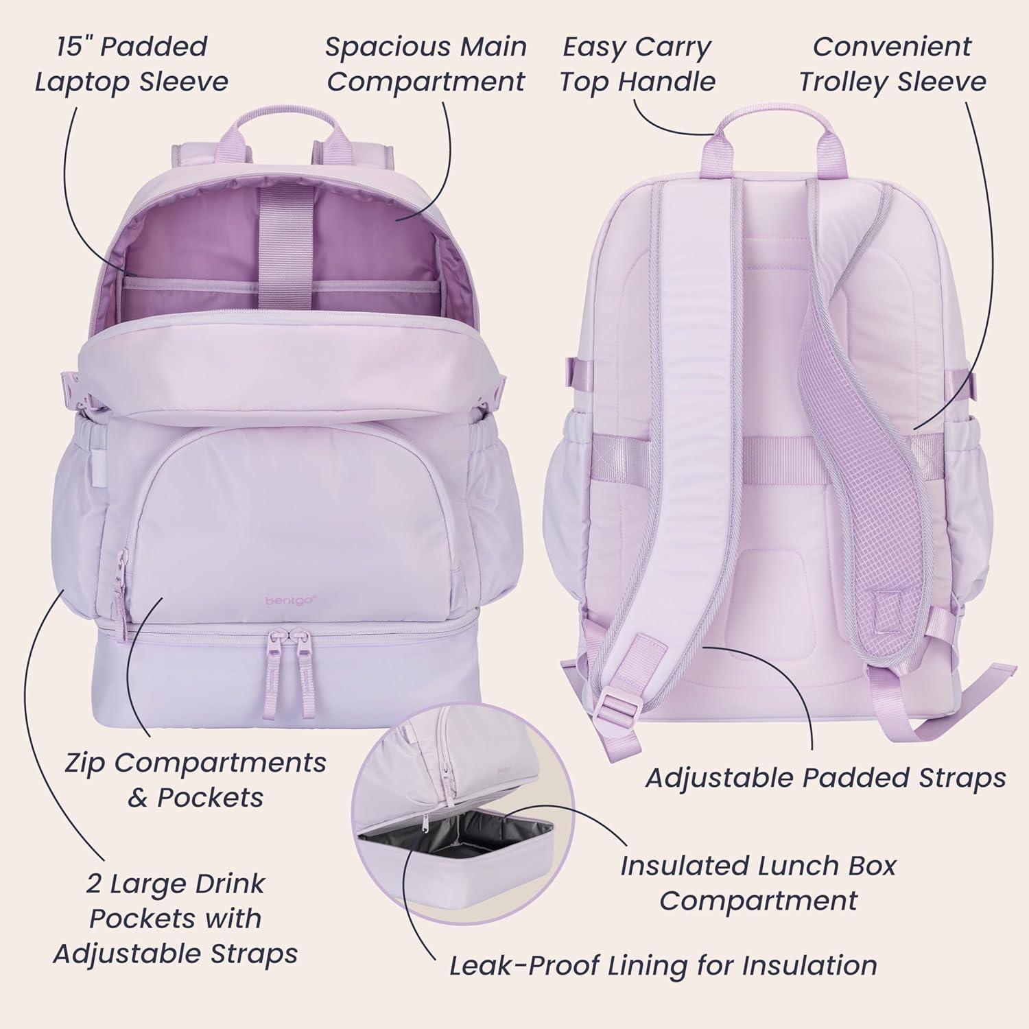 imageBentgo 2in1 Adult Backpack amp Insulated Lunch Bag Lightweight WaterResistant Travel Backpack with 9 Compartments Laptop Sleeve amp Trolley Sleeve for Work amp Everyday Use Soft BlushLavender