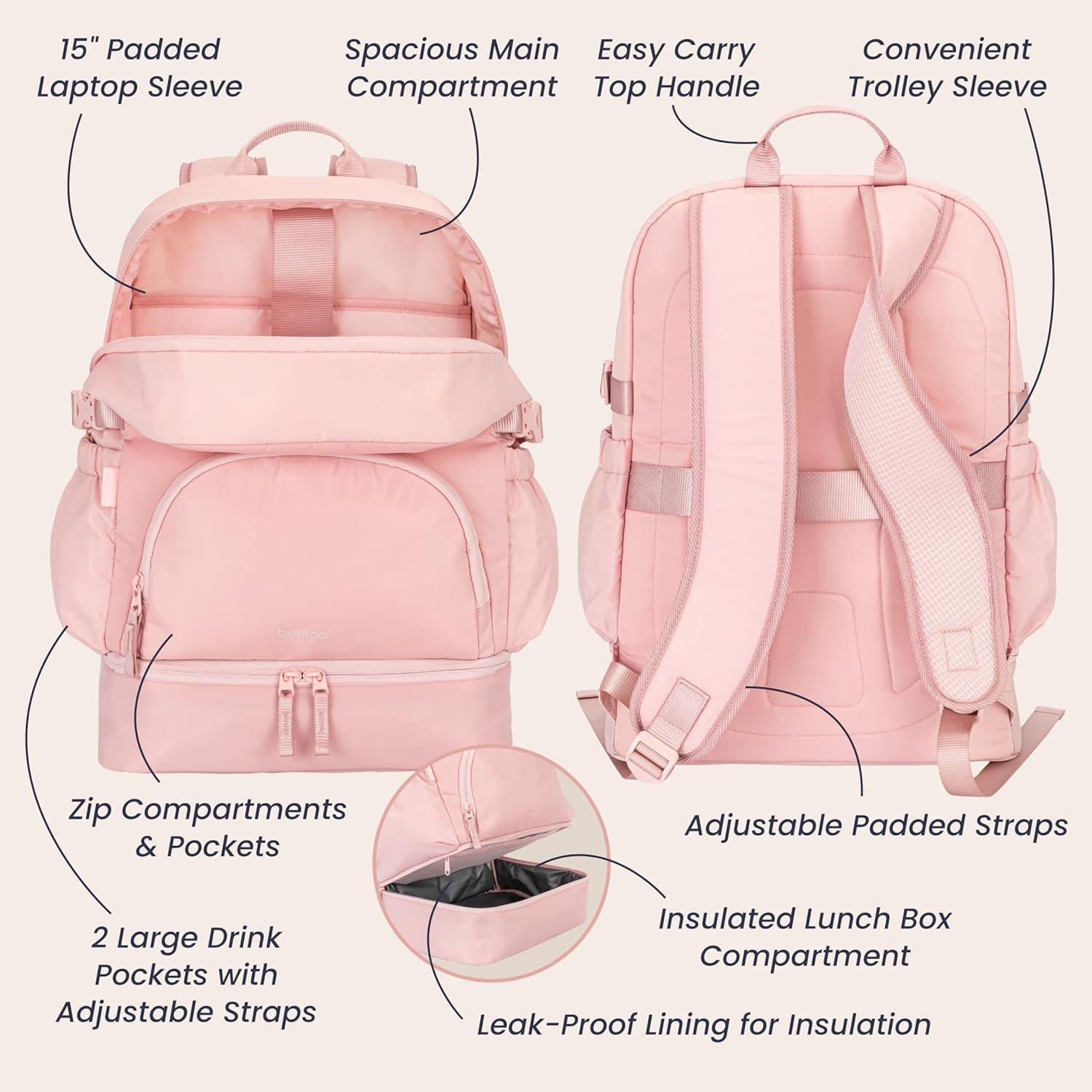 imageBentgo 2in1 Adult Backpack amp Insulated Lunch Bag Lightweight WaterResistant Travel Backpack with 9 Compartments Laptop Sleeve amp Trolley Sleeve for Work amp Everyday Use Soft BlushSoft Blush
