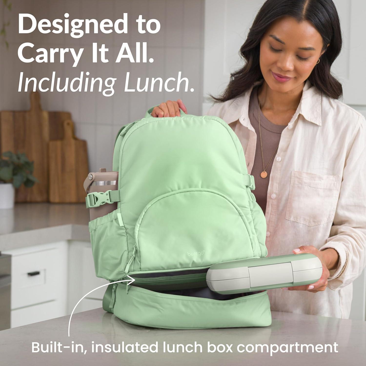 imageBentgo 2in1 Adult Backpack amp Insulated Lunch Bag Lightweight WaterResistant Travel Backpack with 9 Compartments Laptop Sleeve amp Trolley Sleeve for Work amp Everyday Use Soft BlushClay Green
