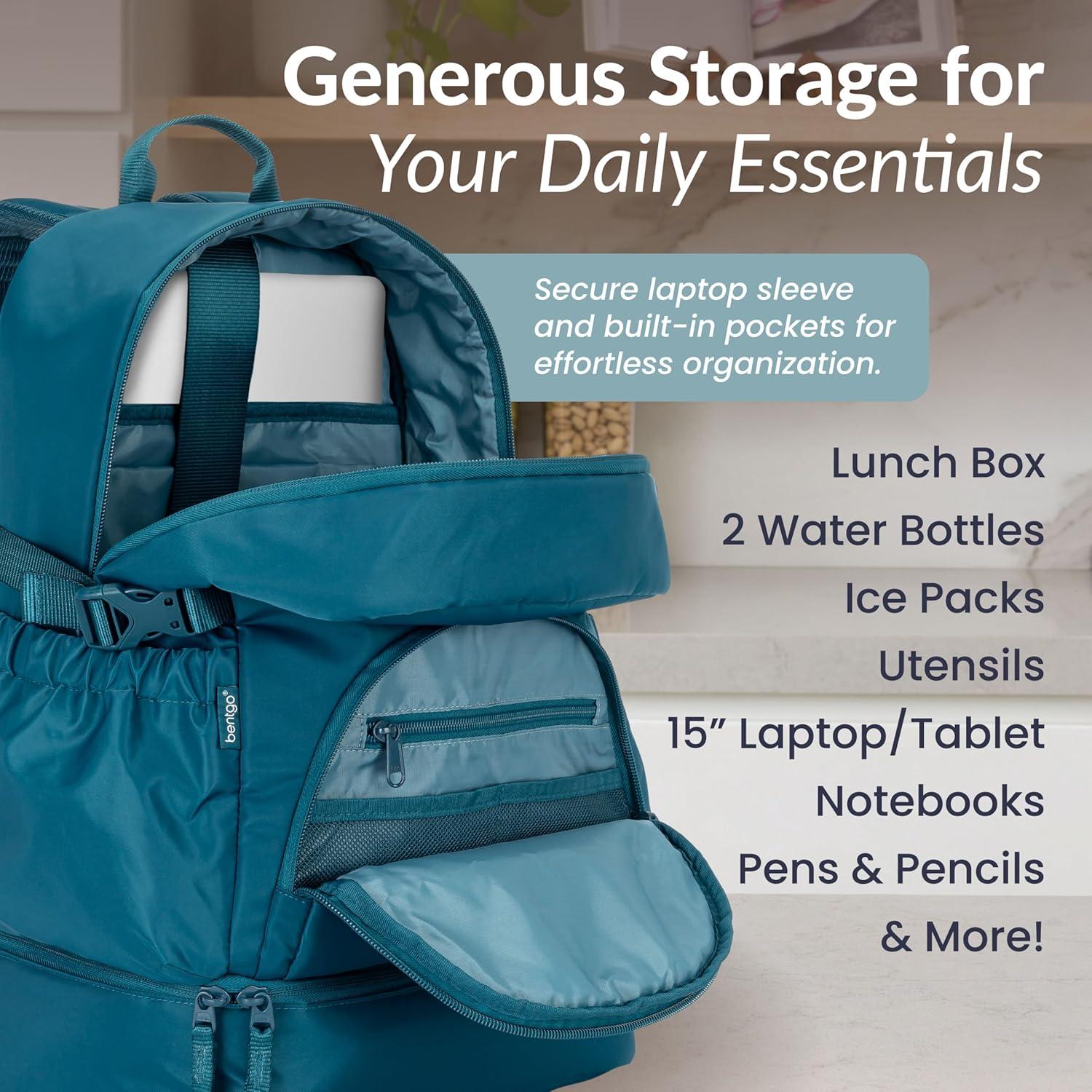 imageBentgo 2in1 Adult Backpack amp Insulated Lunch Bag Lightweight WaterResistant Travel Backpack with 9 Compartments Laptop Sleeve amp Trolley Sleeve for Work amp Everyday Use Soft BlushDeep Teal