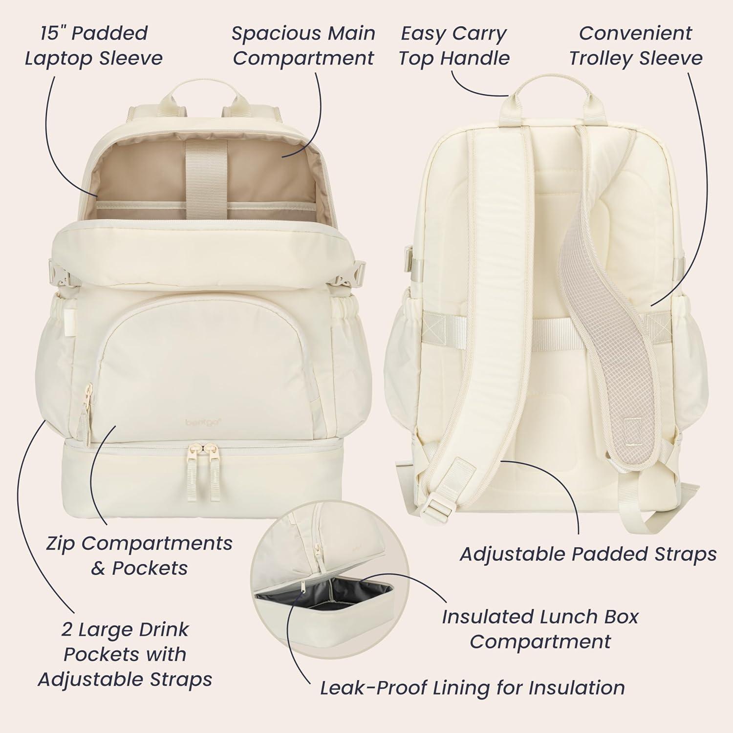 imageBentgo 2in1 Adult Backpack amp Insulated Lunch Bag Lightweight WaterResistant Travel Backpack with 9 Compartments Laptop Sleeve amp Trolley Sleeve for Work amp Everyday Use Soft BlushBone