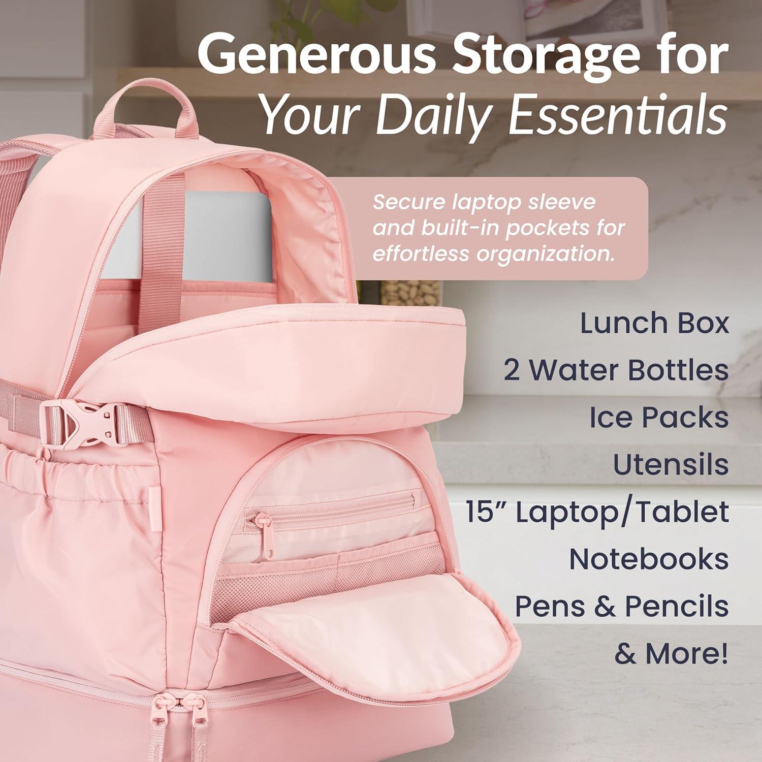 imageBentgo 2in1 Adult Backpack amp Insulated Lunch Bag Lightweight WaterResistant Travel Backpack with 9 Compartments Laptop Sleeve amp Trolley Sleeve for Work amp Everyday Use Soft BlushSoft Blush