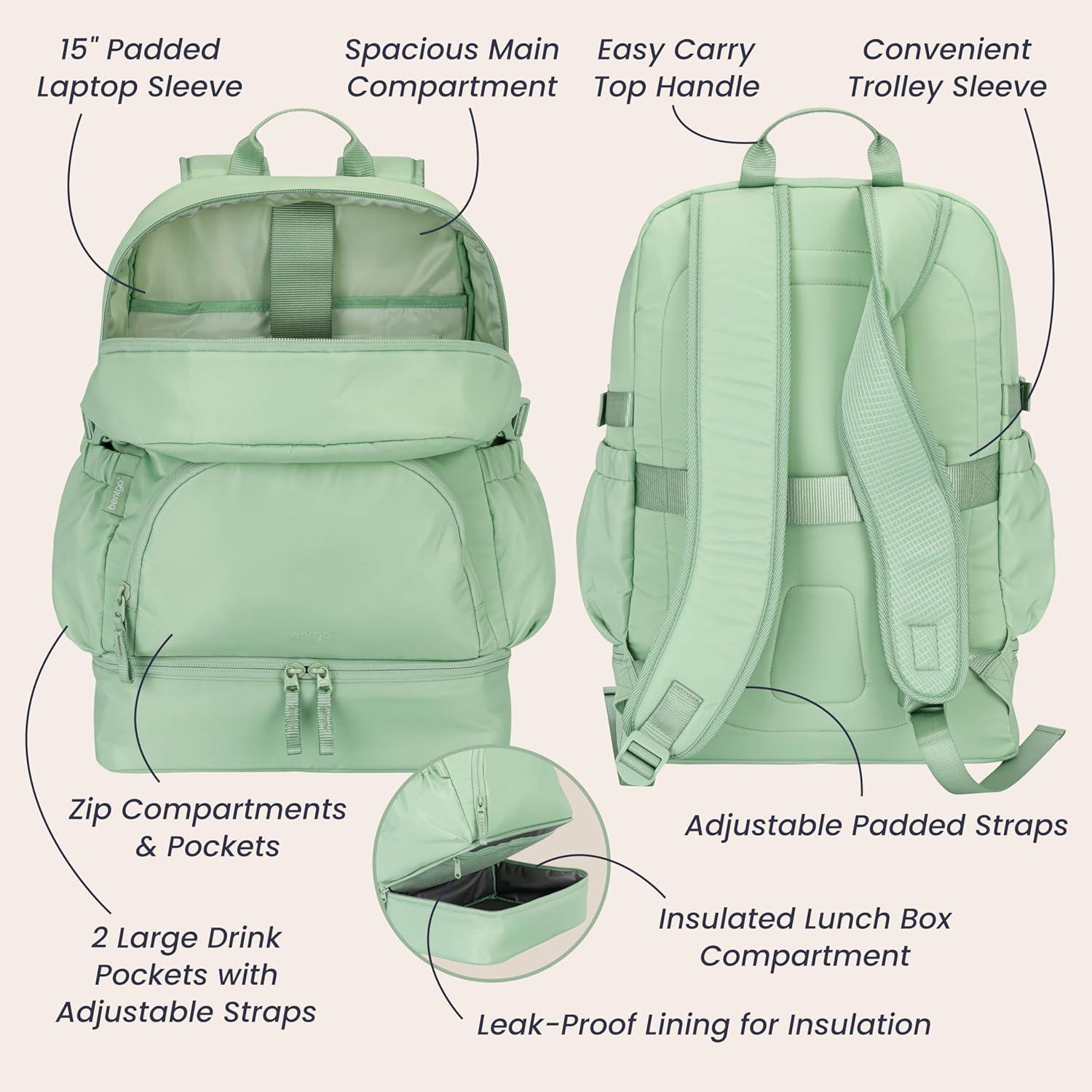 imageBentgo 2in1 Adult Backpack amp Insulated Lunch Bag Lightweight WaterResistant Travel Backpack with 9 Compartments Laptop Sleeve amp Trolley Sleeve for Work amp Everyday Use Soft BlushClay Green