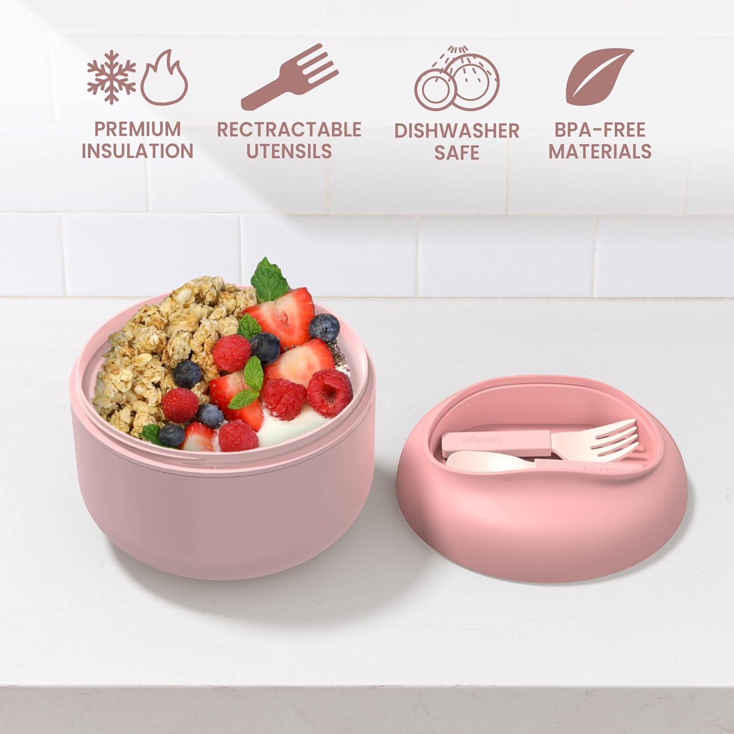 imageBentgo Bowl Insulated LeakResistant Bowl with Snack Compartment Collapsible Utensils and Improved EasyGrip Design for OntheGo Holds Soup Rice Cereal amp More BPAFree 212 oz BlushBlush