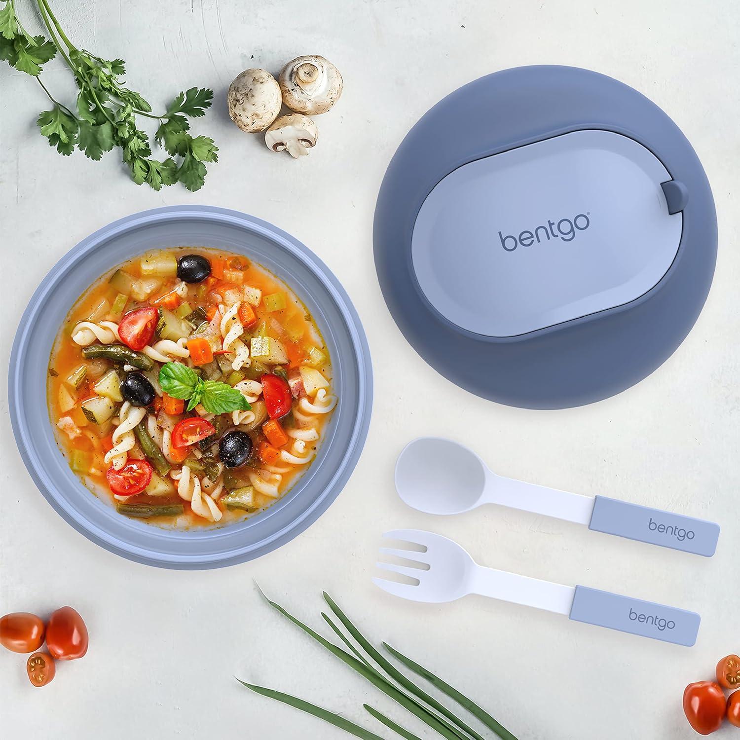 imageBentgo Bowl Insulated LeakResistant Bowl with Snack Compartment Collapsible Utensils and Improved EasyGrip Design for OntheGo Holds Soup Rice Cereal amp More BPAFree 212 oz BlushSlate