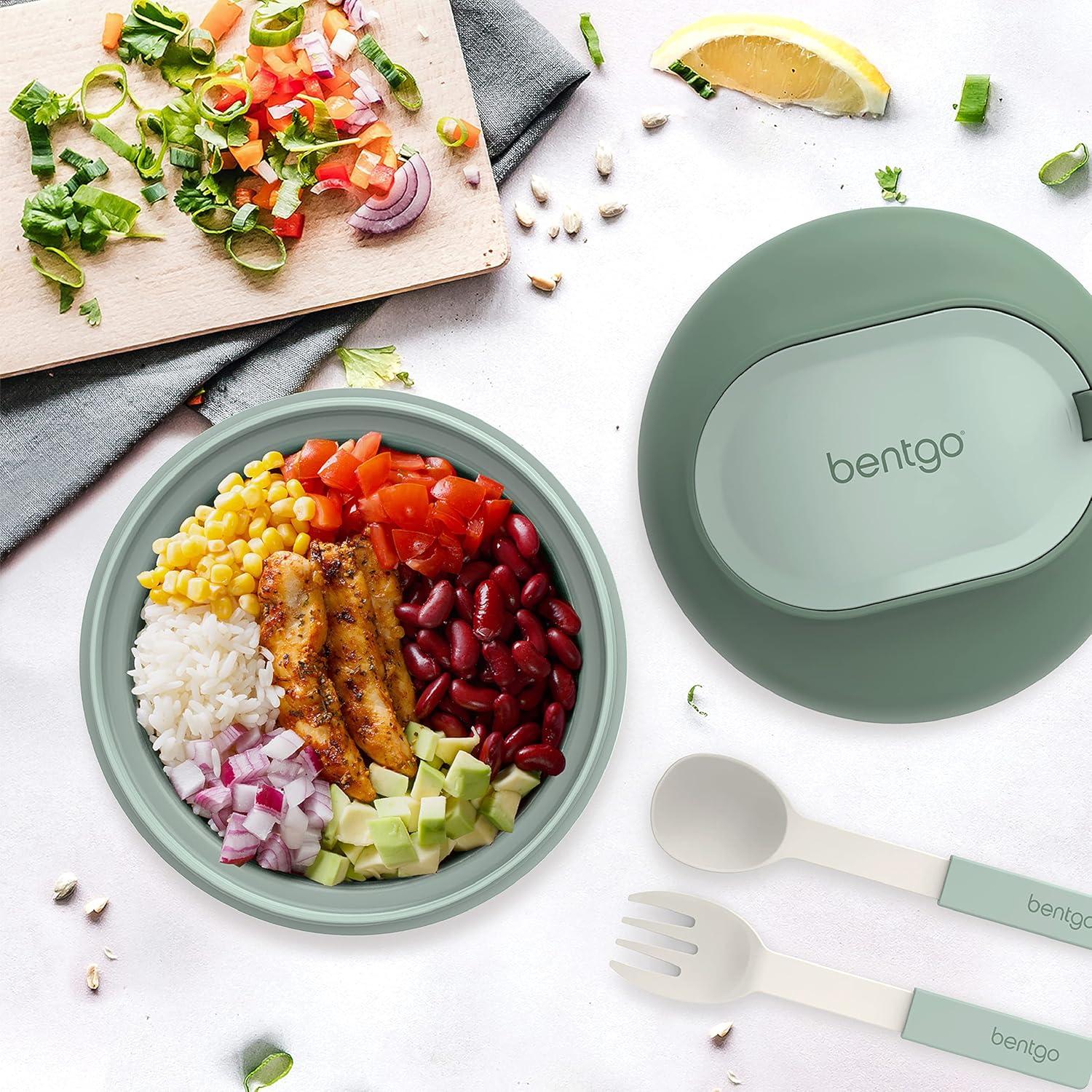 imageBentgo Bowl Insulated LeakResistant Bowl with Snack Compartment Collapsible Utensils and Improved EasyGrip Design for OntheGo Holds Soup Rice Cereal amp More BPAFree 212 oz BlushKhaki Green