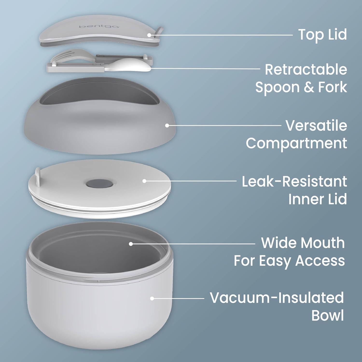 imageBentgo Bowl Insulated LeakResistant Bowl with Snack Compartment Collapsible Utensils and Improved EasyGrip Design for OntheGo Holds Soup Rice Cereal amp More BPAFree 212 oz BlushGray