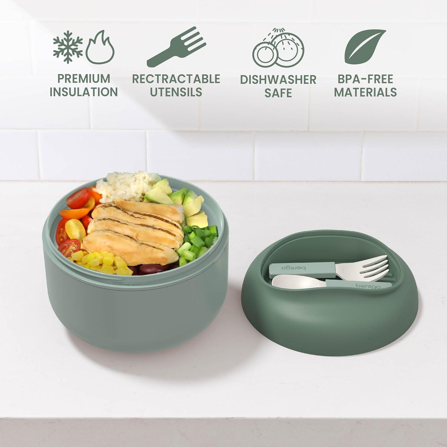 imageBentgo Bowl Insulated LeakResistant Bowl with Snack Compartment Collapsible Utensils and Improved EasyGrip Design for OntheGo Holds Soup Rice Cereal amp More BPAFree 212 oz BlushKhaki Green