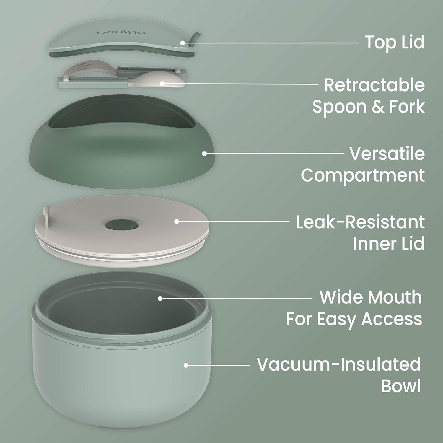 imageBentgo Bowl Insulated LeakResistant Bowl with Snack Compartment Collapsible Utensils and Improved EasyGrip Design for OntheGo Holds Soup Rice Cereal amp More BPAFree 212 oz BlushKhaki Green