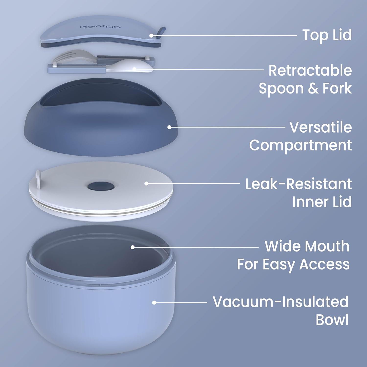 imageBentgo Bowl Insulated LeakResistant Bowl with Snack Compartment Collapsible Utensils and Improved EasyGrip Design for OntheGo Holds Soup Rice Cereal amp More BPAFree 212 oz BlushSlate