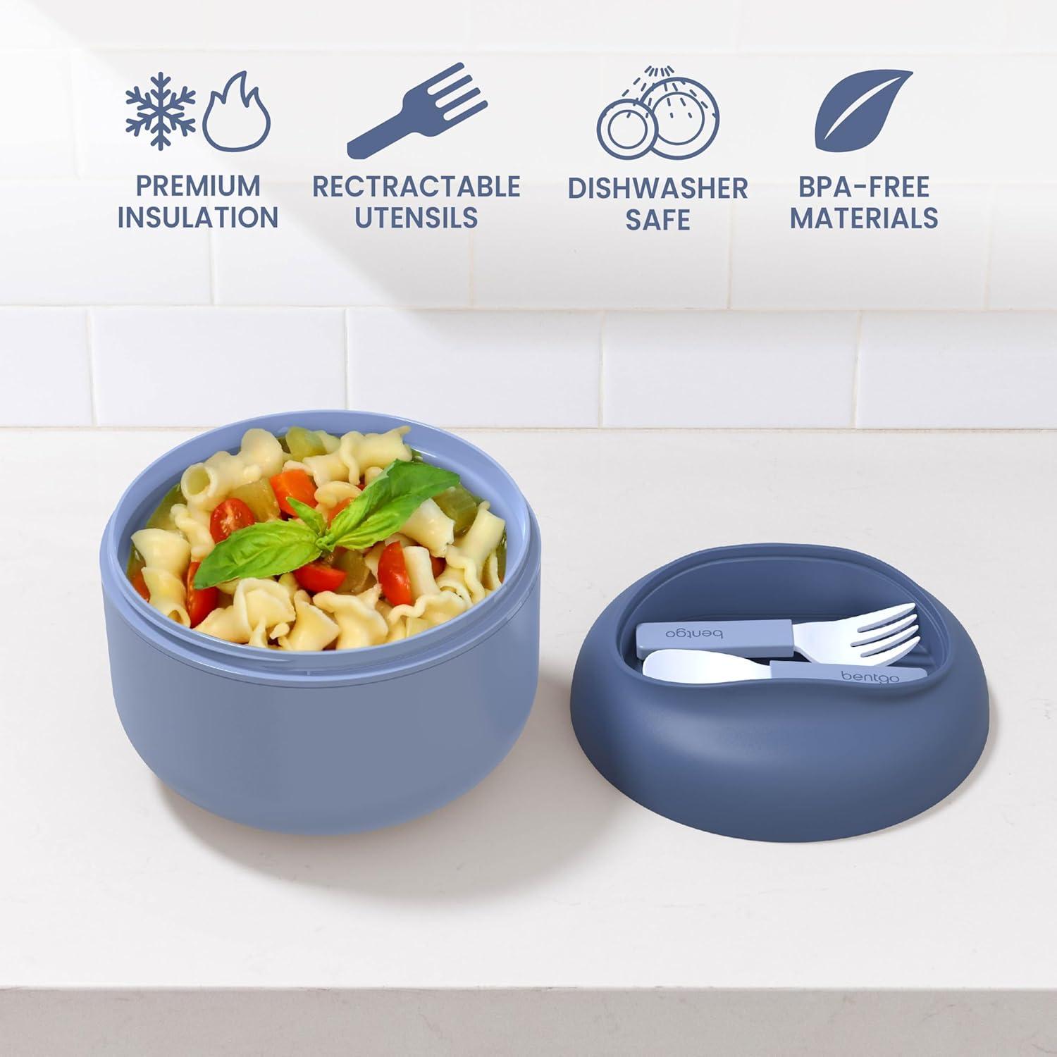 imageBentgo Bowl Insulated LeakResistant Bowl with Snack Compartment Collapsible Utensils and Improved EasyGrip Design for OntheGo Holds Soup Rice Cereal amp More BPAFree 212 oz BlushSlate