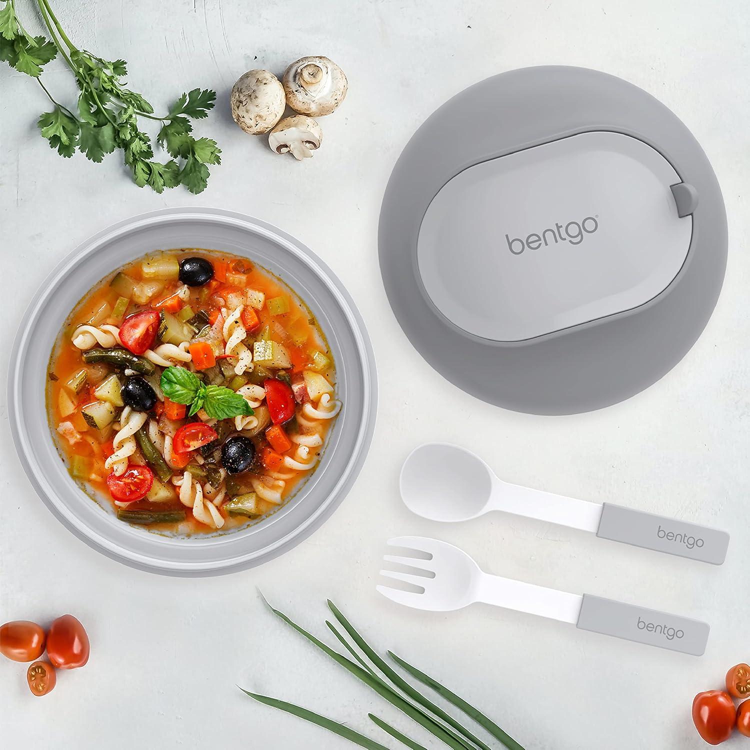imageBentgo Bowl Insulated LeakResistant Bowl with Snack Compartment Collapsible Utensils and Improved EasyGrip Design for OntheGo Holds Soup Rice Cereal amp More BPAFree 212 oz BlushGray
