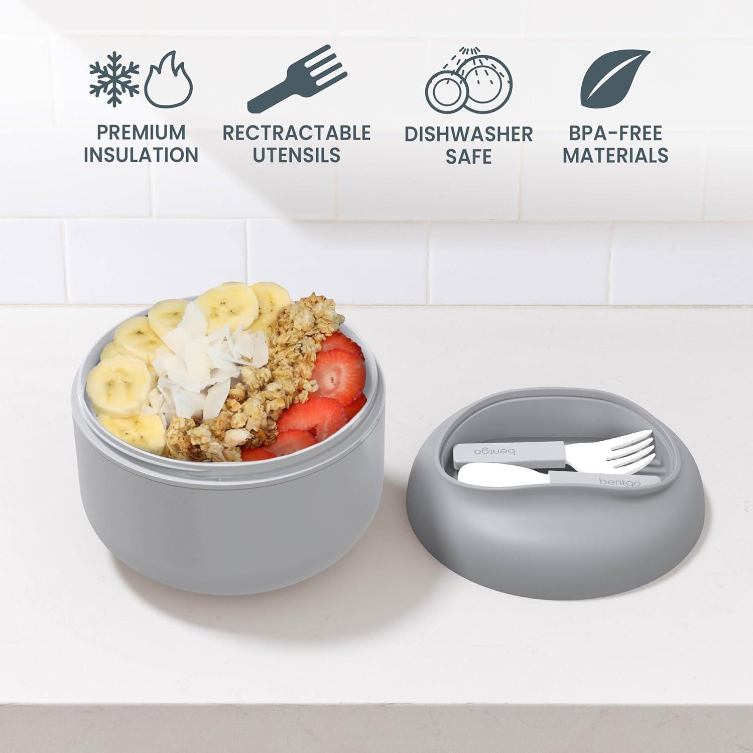 imageBentgo Bowl Insulated LeakResistant Bowl with Snack Compartment Collapsible Utensils and Improved EasyGrip Design for OntheGo Holds Soup Rice Cereal amp More BPAFree 212 oz BlushGray
