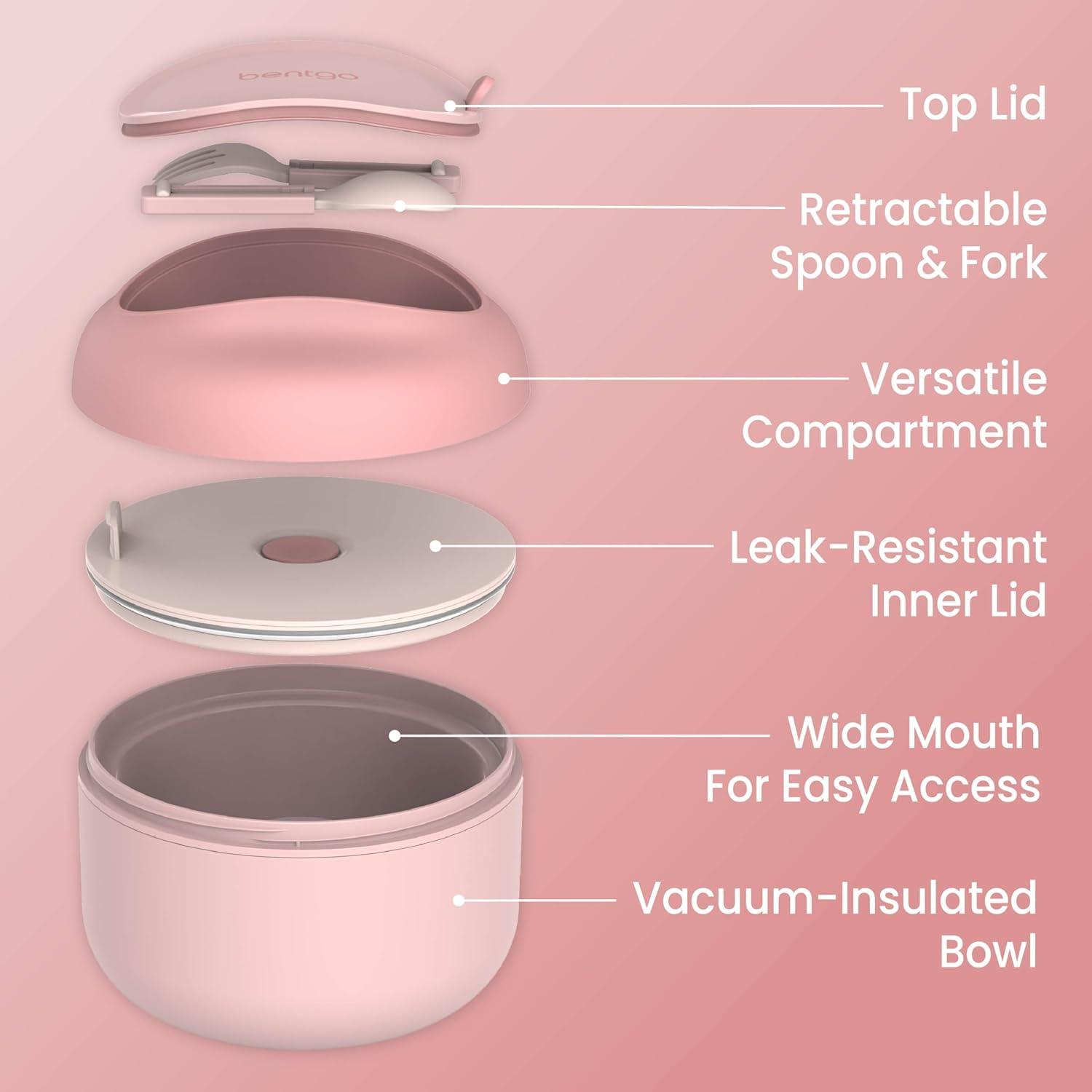 imageBentgo Bowl Insulated LeakResistant Bowl with Snack Compartment Collapsible Utensils and Improved EasyGrip Design for OntheGo Holds Soup Rice Cereal amp More BPAFree 212 oz BlushBlush