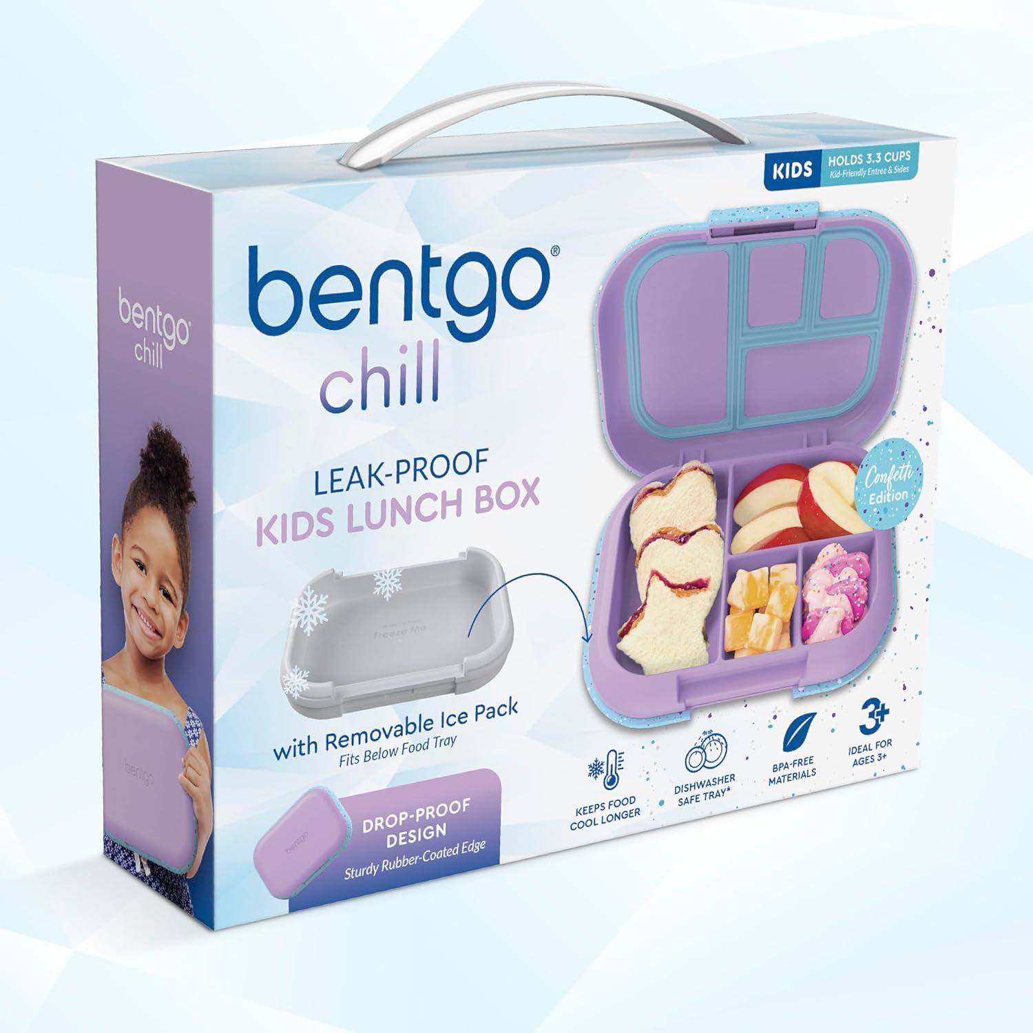 imageBentgo Chill Kids LeakProof Lunch Box 4Compartment Bento Box with BuiltIn Ice Pack 33 Cup Capacity PFAS amp BPAFree Microwave amp Dishwasher Safe Ideal Size for Ages 3 to 7 AquaConfetti Edition Vivid Orchid