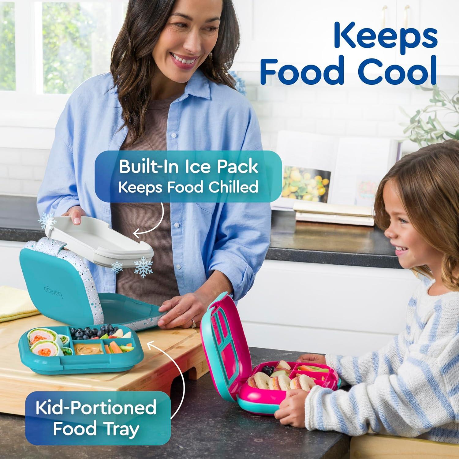imageBentgo Chill Kids LeakProof Lunch Box 4Compartment Bento Box with BuiltIn Ice Pack 33 Cup Capacity PFAS amp BPAFree Microwave amp Dishwasher Safe Ideal Size for Ages 3 to 7 AquaConfetti Edition Truly Teal