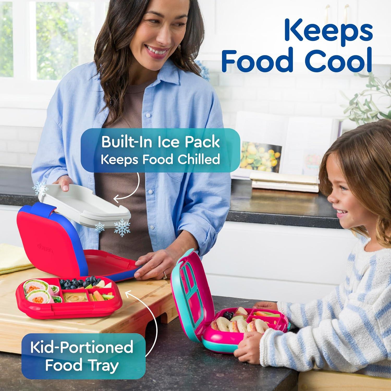 imageBentgo Chill Kids LeakProof Lunch Box 4Compartment Bento Box with BuiltIn Ice Pack 33 Cup Capacity PFAS amp BPAFree Microwave amp Dishwasher Safe Ideal Size for Ages 3 to 7 AquaRedRoyal