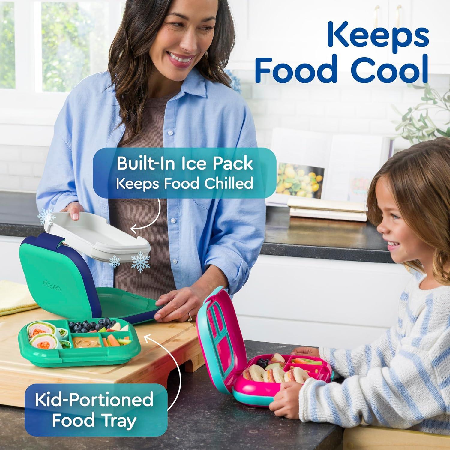imageBentgo Chill Kids LeakProof Lunch Box 4Compartment Bento Box with BuiltIn Ice Pack 33 Cup Capacity PFAS amp BPAFree Microwave amp Dishwasher Safe Ideal Size for Ages 3 to 7 AquaGreenNavy