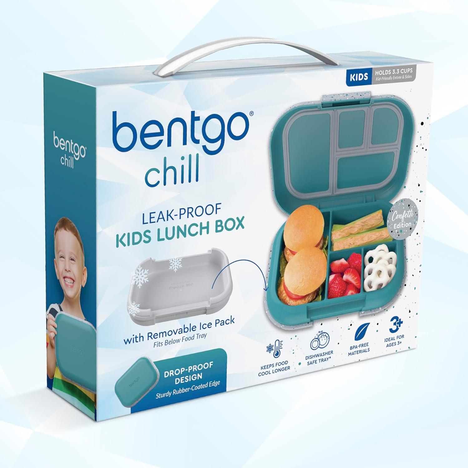 imageBentgo Chill Kids LeakProof Lunch Box 4Compartment Bento Box with BuiltIn Ice Pack 33 Cup Capacity PFAS amp BPAFree Microwave amp Dishwasher Safe Ideal Size for Ages 3 to 7 AquaConfetti Edition Truly Teal