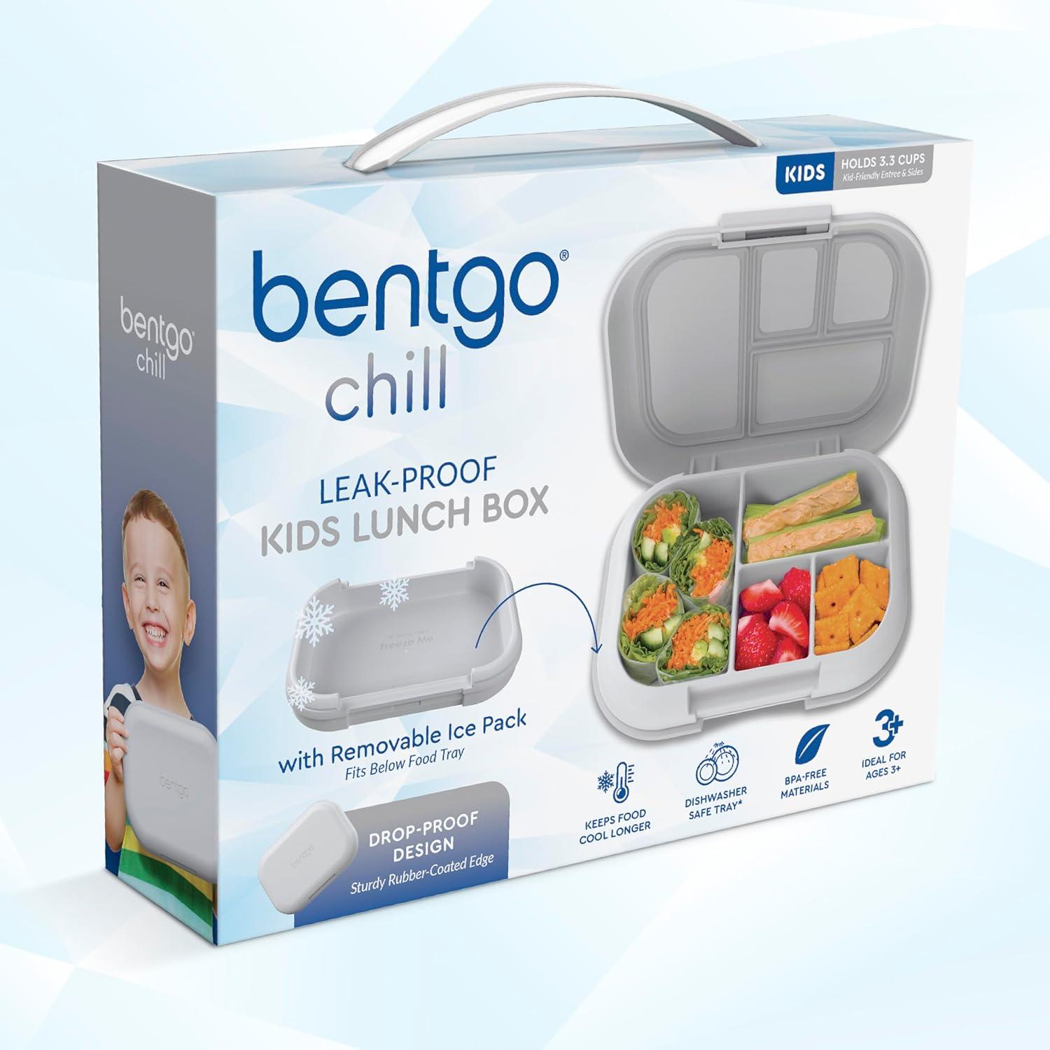 imageBentgo Chill Kids LeakProof Lunch Box 4Compartment Bento Box with BuiltIn Ice Pack 33 Cup Capacity PFAS amp BPAFree Microwave amp Dishwasher Safe Ideal Size for Ages 3 to 7 AquaGray