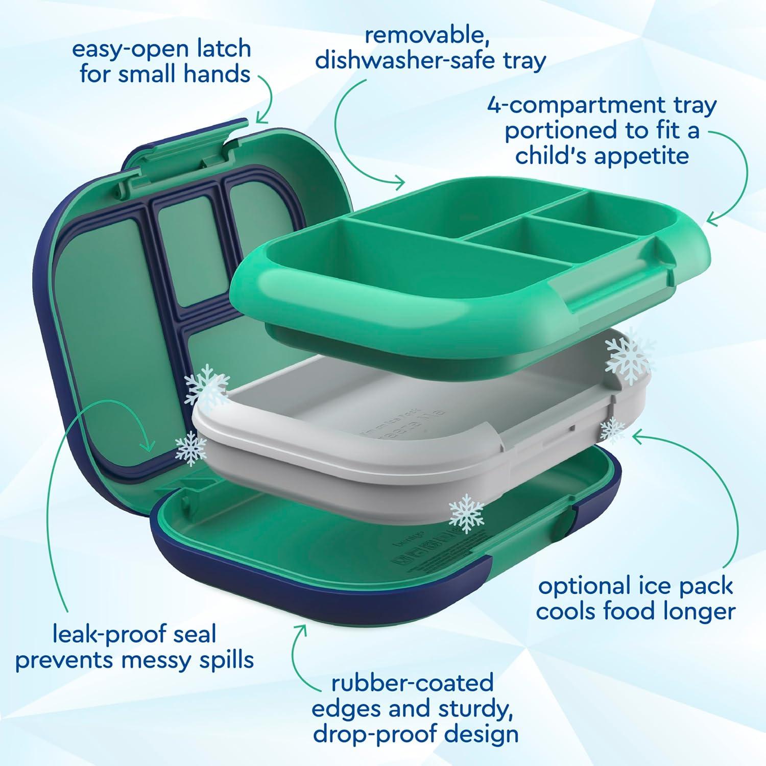 imageBentgo Chill Kids LeakProof Lunch Box 4Compartment Bento Box with BuiltIn Ice Pack 33 Cup Capacity PFAS amp BPAFree Microwave amp Dishwasher Safe Ideal Size for Ages 3 to 7 AquaGreenNavy