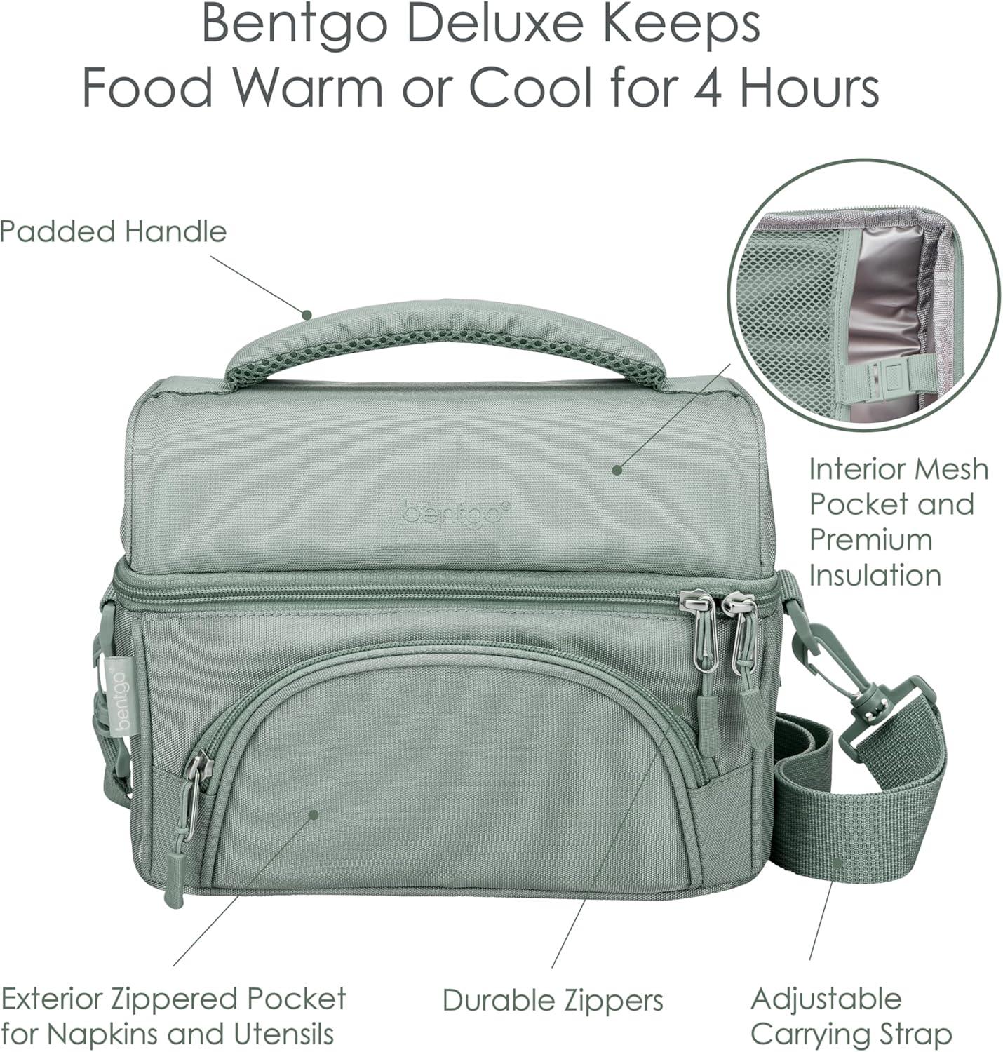 imageBentgo Deluxe Lunch Bag Durable and Insulated Lunch Tote with Zippered Outer Pocket Internal Mesh Pocket Padded amp Adjustable Straps amp 2Way Zippers Fits Most Lunch Boxes Khaki GreenKhaki Green