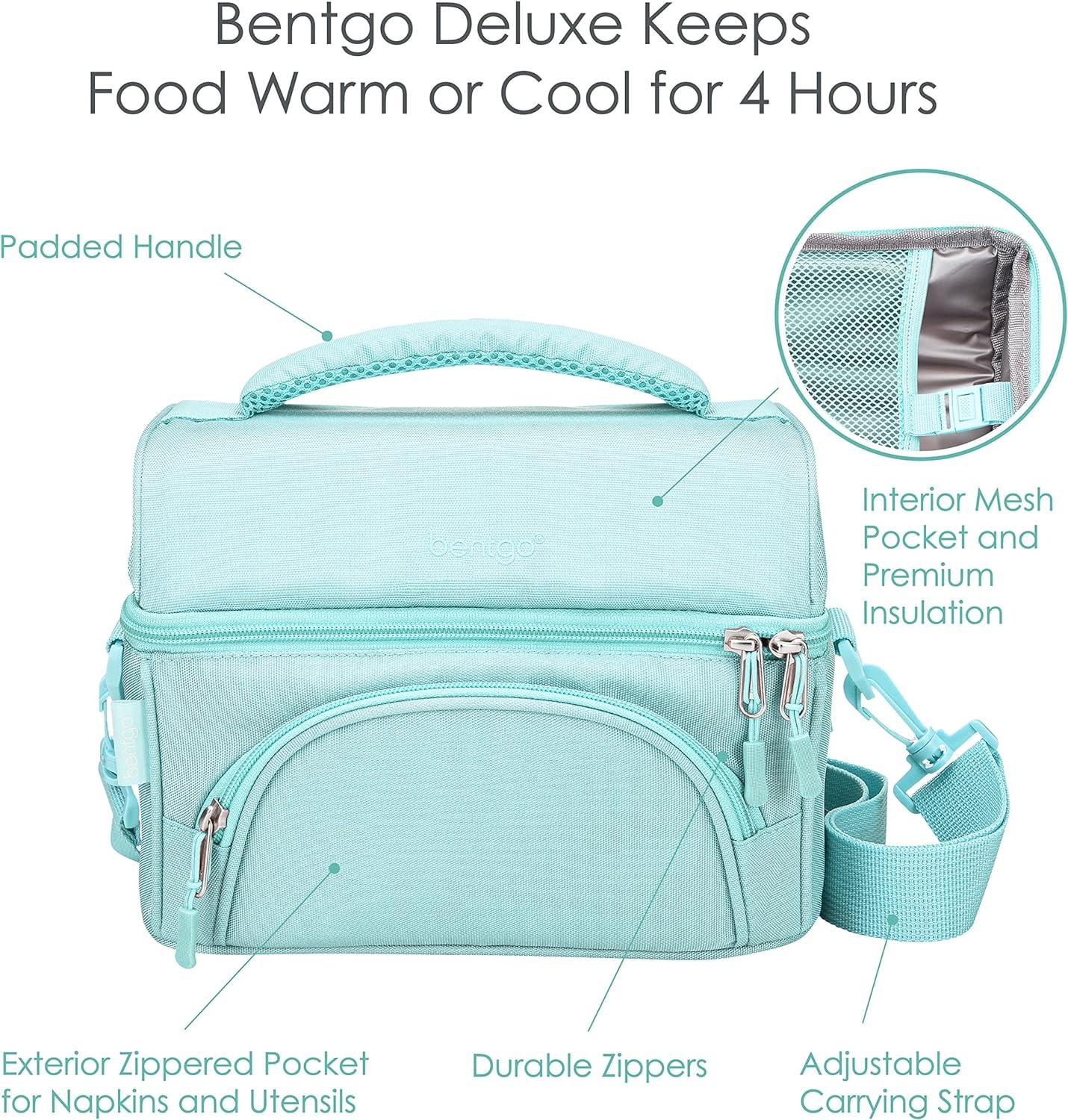 imageBentgo Deluxe Lunch Bag Durable and Insulated Lunch Tote with Zippered Outer Pocket Internal Mesh Pocket Padded amp Adjustable Straps amp 2Way Zippers Fits Most Lunch Boxes Khaki GreenCoastal Aqua