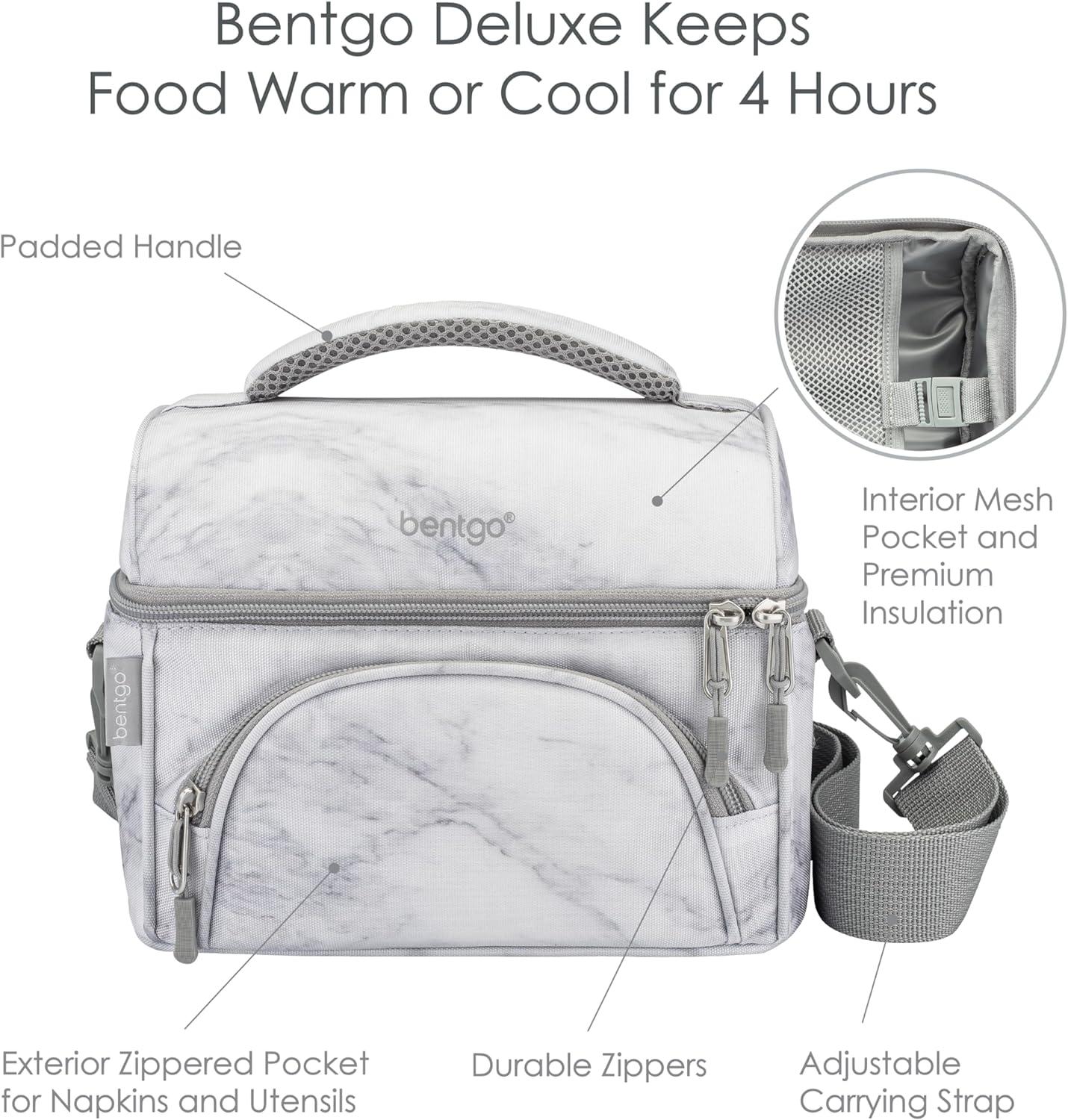 imageBentgo Deluxe Lunch Bag Durable and Insulated Lunch Tote with Zippered Outer Pocket Internal Mesh Pocket Padded amp Adjustable Straps amp 2Way Zippers Fits Most Lunch Boxes Khaki GreenWhite Marble