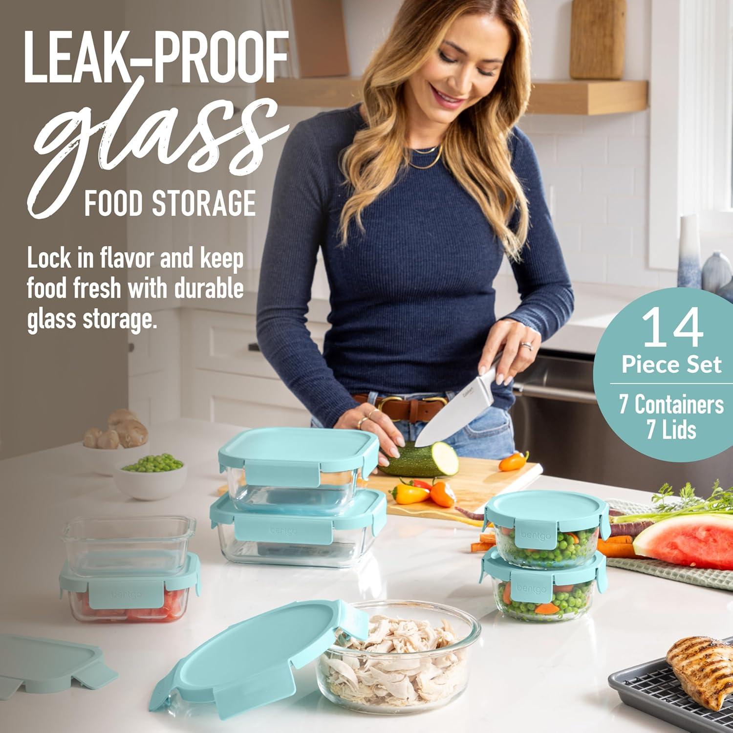 imageBentgo Glass LeakProof Food Storage Set 14Piece Glass Containers with BPAFree Airtight Lids Reusable amp Durable for Leftovers amp Meal Prep Microwave Freezer Oven amp Dishwasher Safe Soft Aqua14Piece Set Soft Aqua