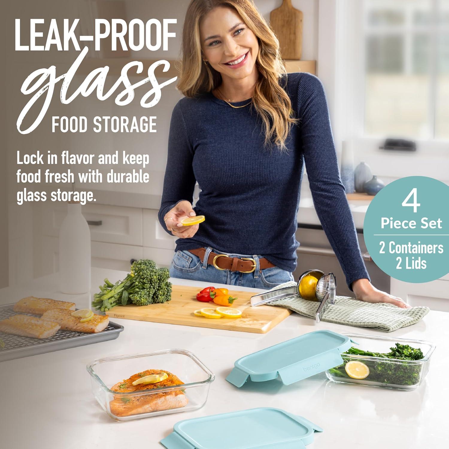 imageBentgo Glass LeakProof Food Storage Set 14Piece Glass Containers with BPAFree Airtight Lids Reusable amp Durable for Leftovers amp Meal Prep Microwave Freezer Oven amp Dishwasher Safe Soft Aqua4Piece Set Soft Aqua