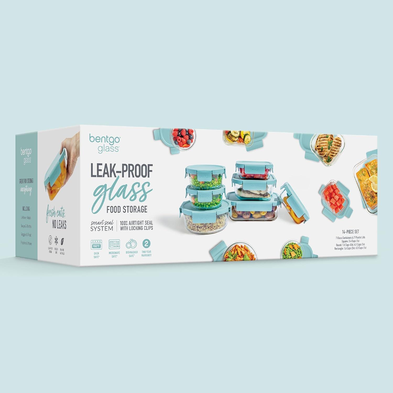 imageBentgo Glass LeakProof Food Storage Set 14Piece Glass Containers with BPAFree Airtight Lids Reusable amp Durable for Leftovers amp Meal Prep Microwave Freezer Oven amp Dishwasher Safe Soft Aqua14Piece Set Soft Aqua