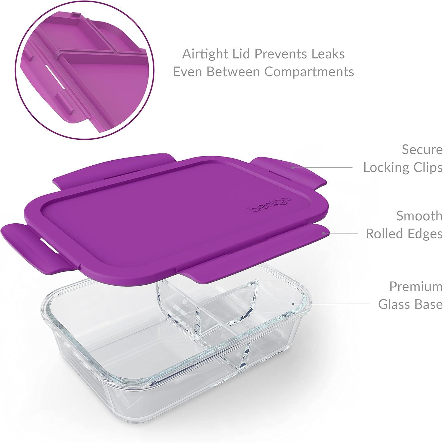 imageBentgo Glass Lunch Box LeakProof BentoStyle Food Container with Airtight Lid and Divided 3Compartment Design 5 Cup Capacity for Meal Prepping and PortionControlled Meals for Adults PurplePurple