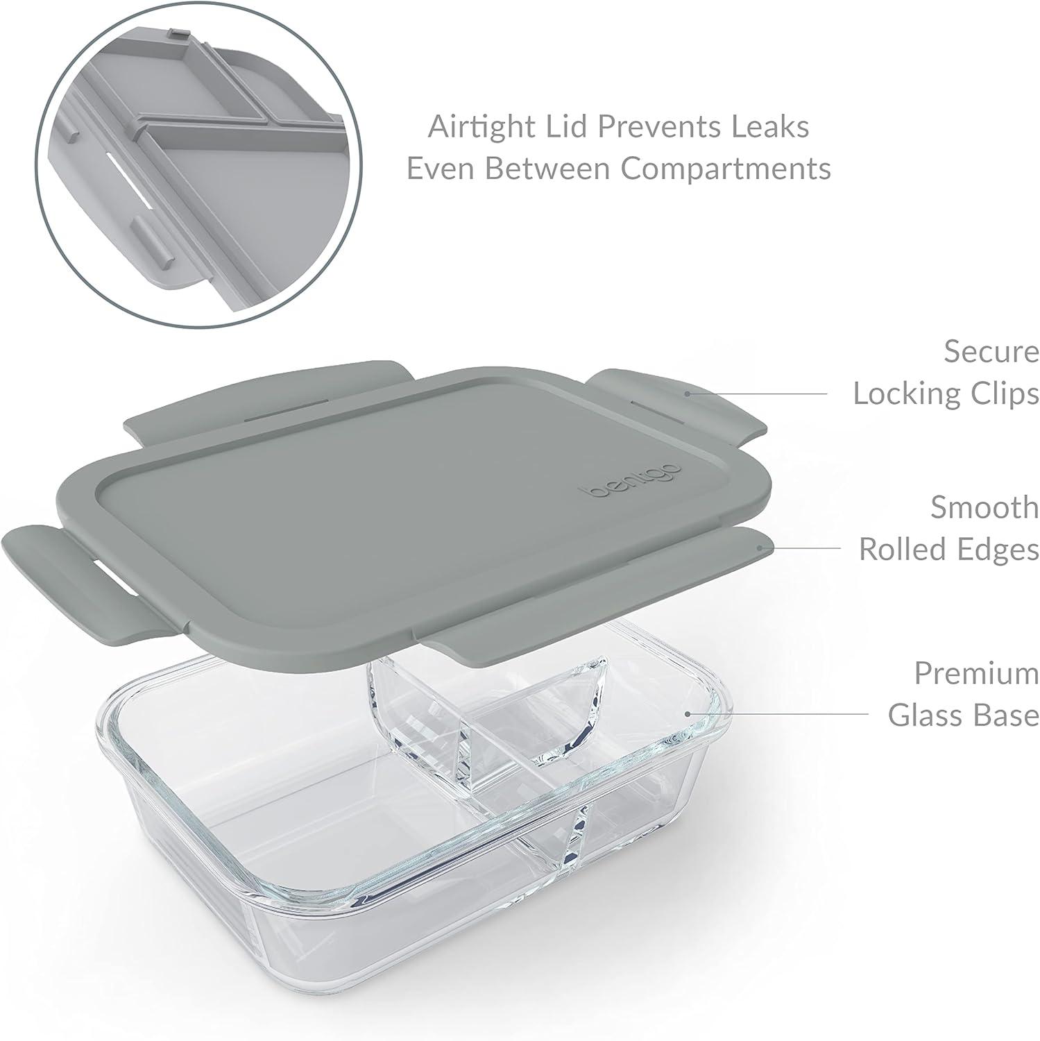 imageBentgo Glass Lunch Box LeakProof BentoStyle Food Container with Airtight Lid and Divided 3Compartment Design 5 Cup Capacity for Meal Prepping and PortionControlled Meals for Adults PurpleGray