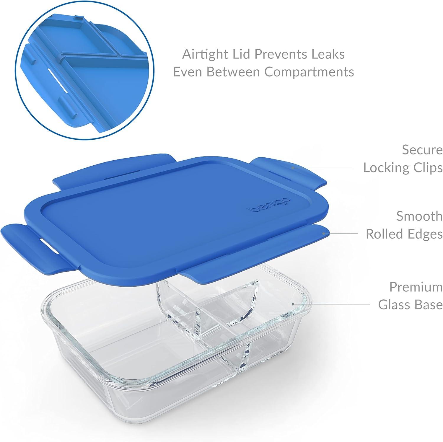 imageBentgo Glass Lunch Box LeakProof BentoStyle Food Container with Airtight Lid and Divided 3Compartment Design 5 Cup Capacity for Meal Prepping and PortionControlled Meals for Adults PurpleBlue