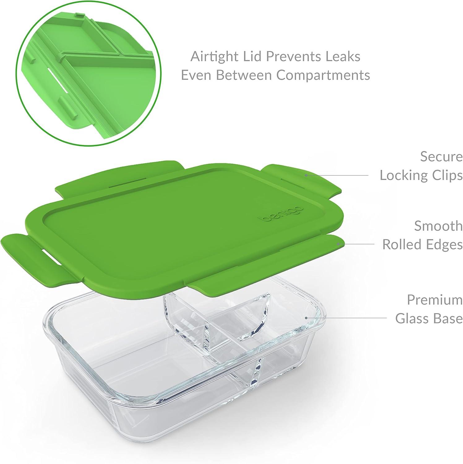 imageBentgo Glass Lunch Box LeakProof BentoStyle Food Container with Airtight Lid and Divided 3Compartment Design 5 Cup Capacity for Meal Prepping and PortionControlled Meals for Adults PurpleGreen