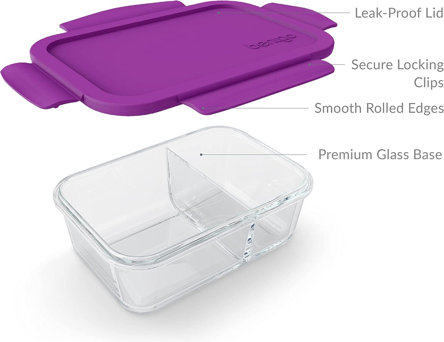 imageBentgo Glass Snack LeakProof BentoStyle Snack Container with Airtight Lid and Divided 2Compartment Design 175 Cup Capacity for Meal Prepping and PortionControlled Snacking GreenPurple