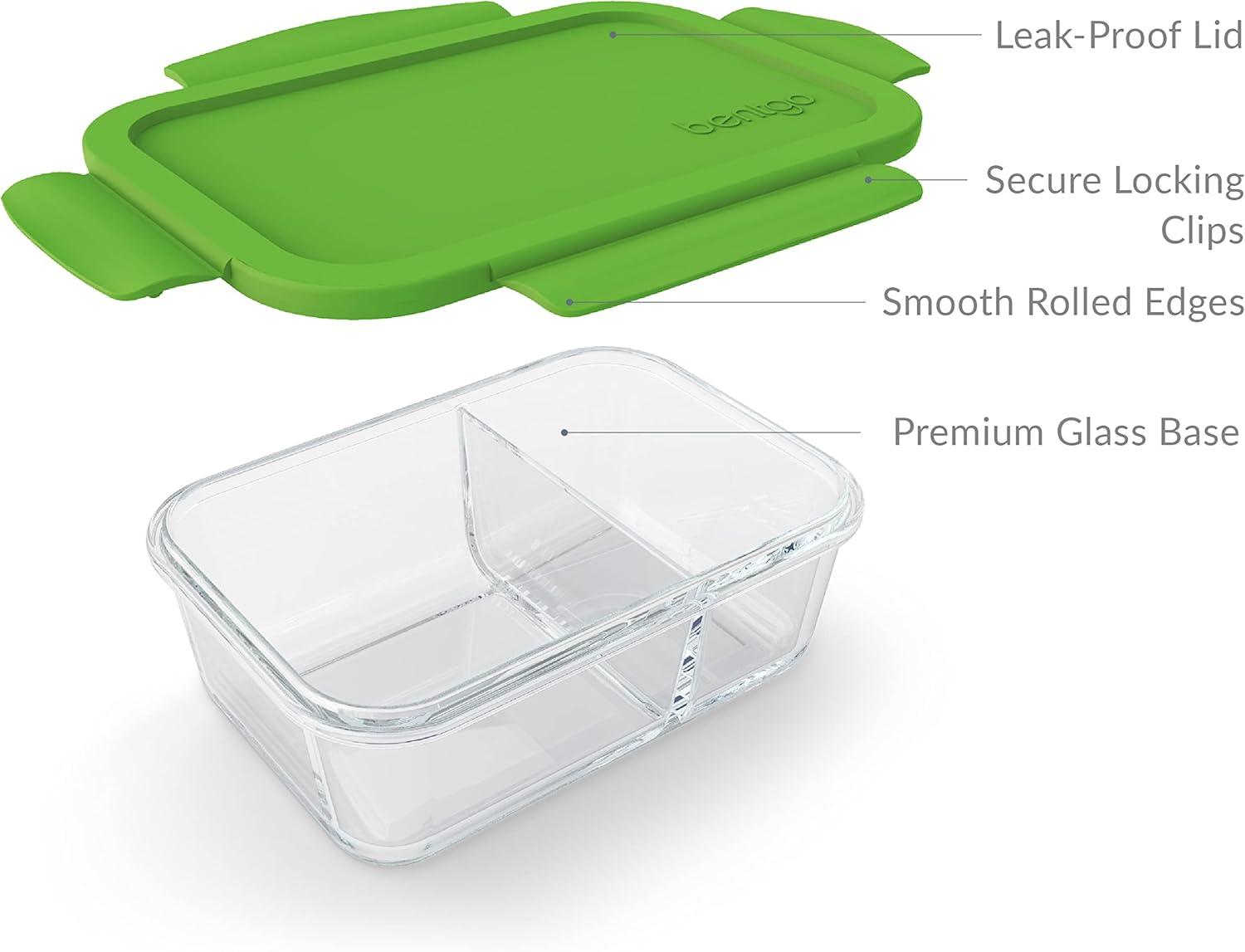 imageBentgo Glass Snack LeakProof BentoStyle Snack Container with Airtight Lid and Divided 2Compartment Design 175 Cup Capacity for Meal Prepping and PortionControlled Snacking GreenGreen