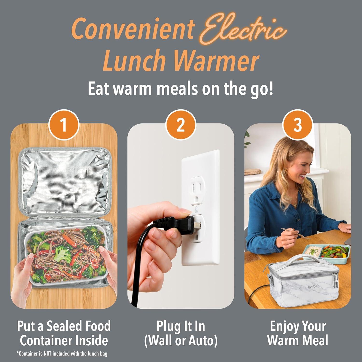 imageBentgo Heat Electric Lunch Bag amp Food Warmer for Reheating Meals in Car at Work amp More Heated Lunch Box Warmer for Adults Students amp Shift Workers 12V24V Auto amp 120V Wall Cords Carbon BlackWhite Marble