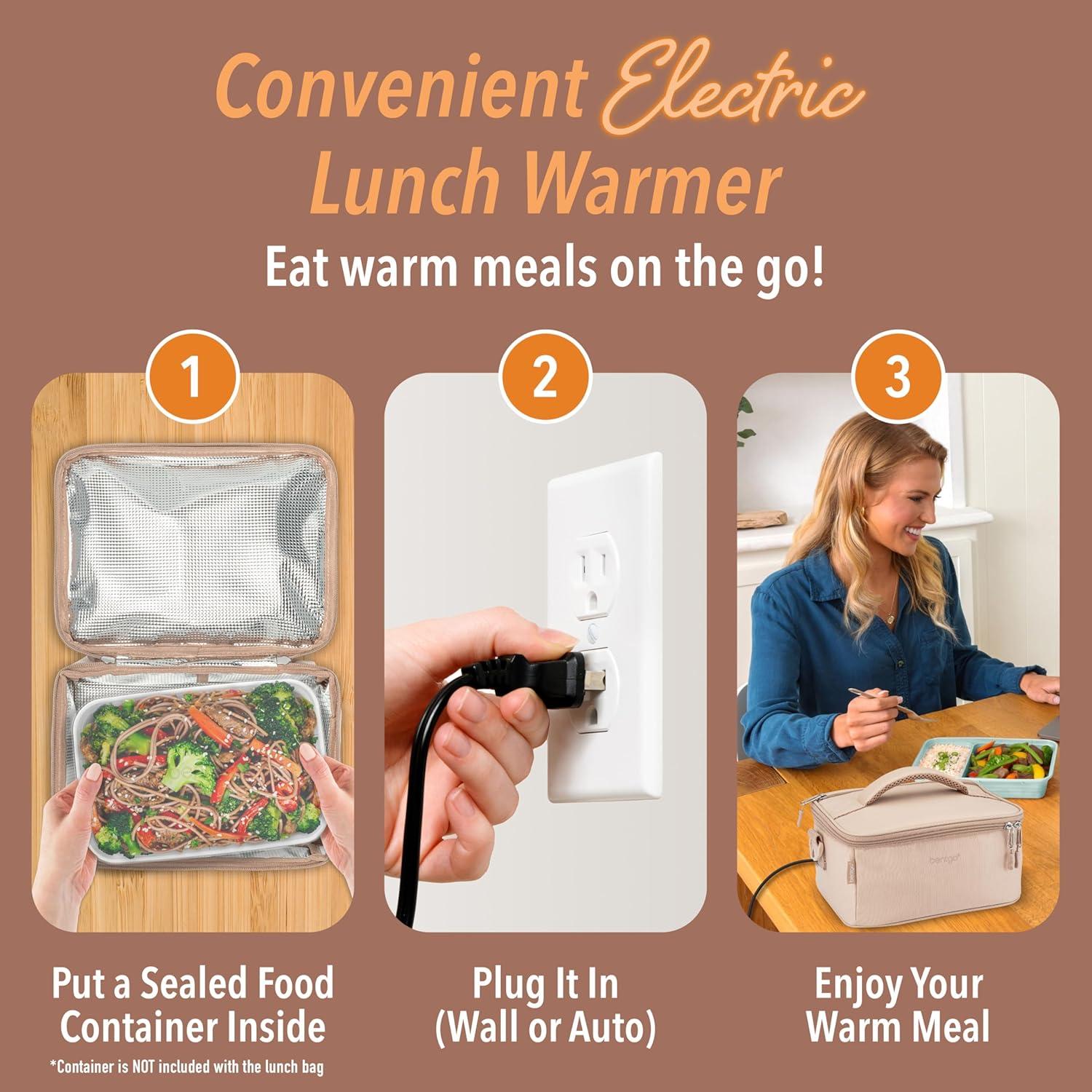 imageBentgo Heat Electric Lunch Bag amp Food Warmer for Reheating Meals in Car at Work amp More Heated Lunch Box Warmer for Adults Students amp Shift Workers 12V24V Auto amp 120V Wall Cords Carbon BlackSand