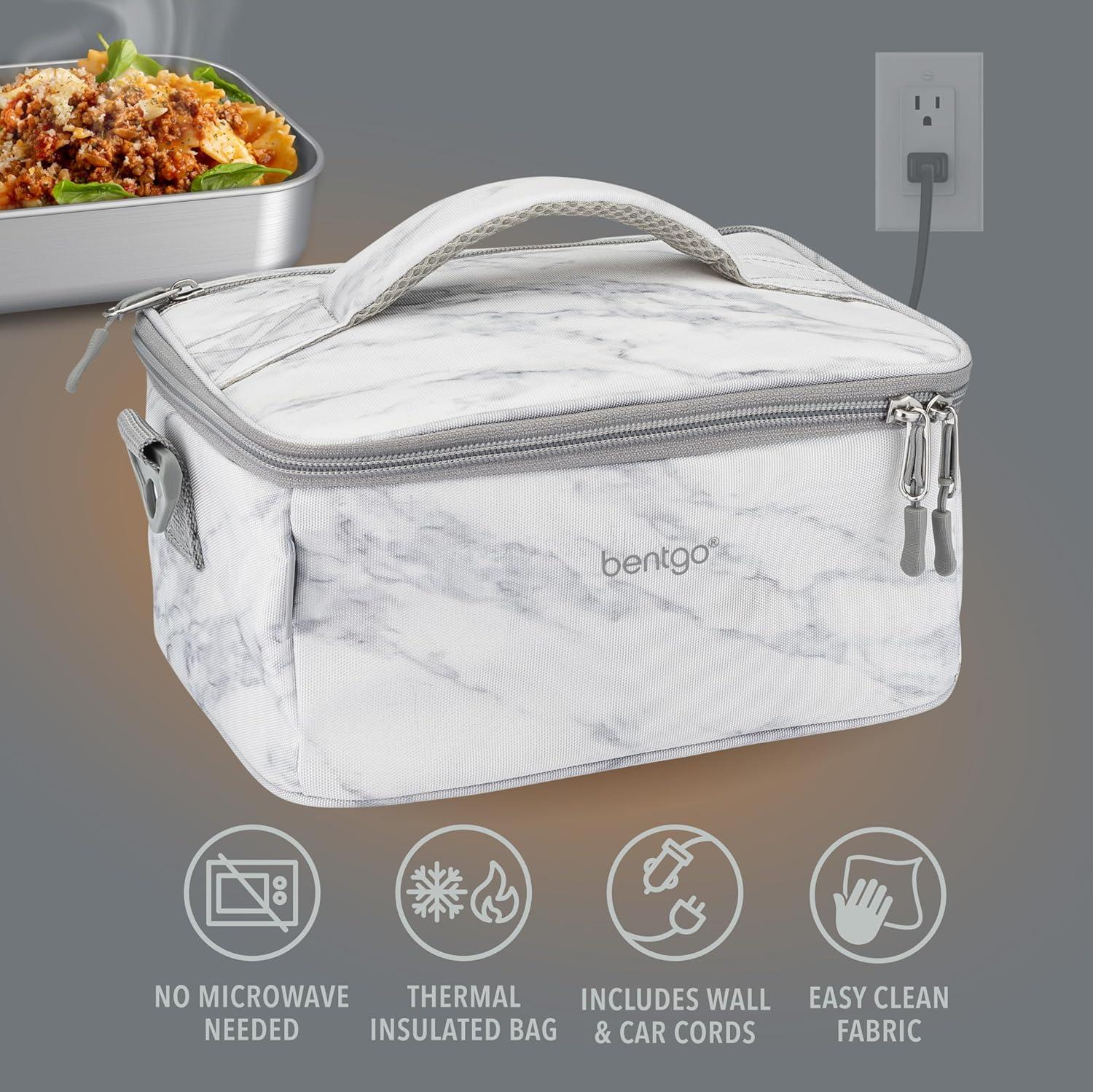 imageBentgo Heat Electric Lunch Bag amp Food Warmer for Reheating Meals in Car at Work amp More Heated Lunch Box Warmer for Adults Students amp Shift Workers 12V24V Auto amp 120V Wall Cords Carbon BlackWhite Marble