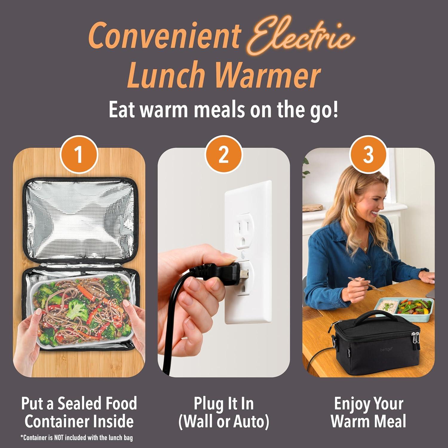 imageBentgo Heat Electric Lunch Bag amp Food Warmer for Reheating Meals in Car at Work amp More Heated Lunch Box Warmer for Adults Students amp Shift Workers 12V24V Auto amp 120V Wall Cords Carbon BlackCarbon Black