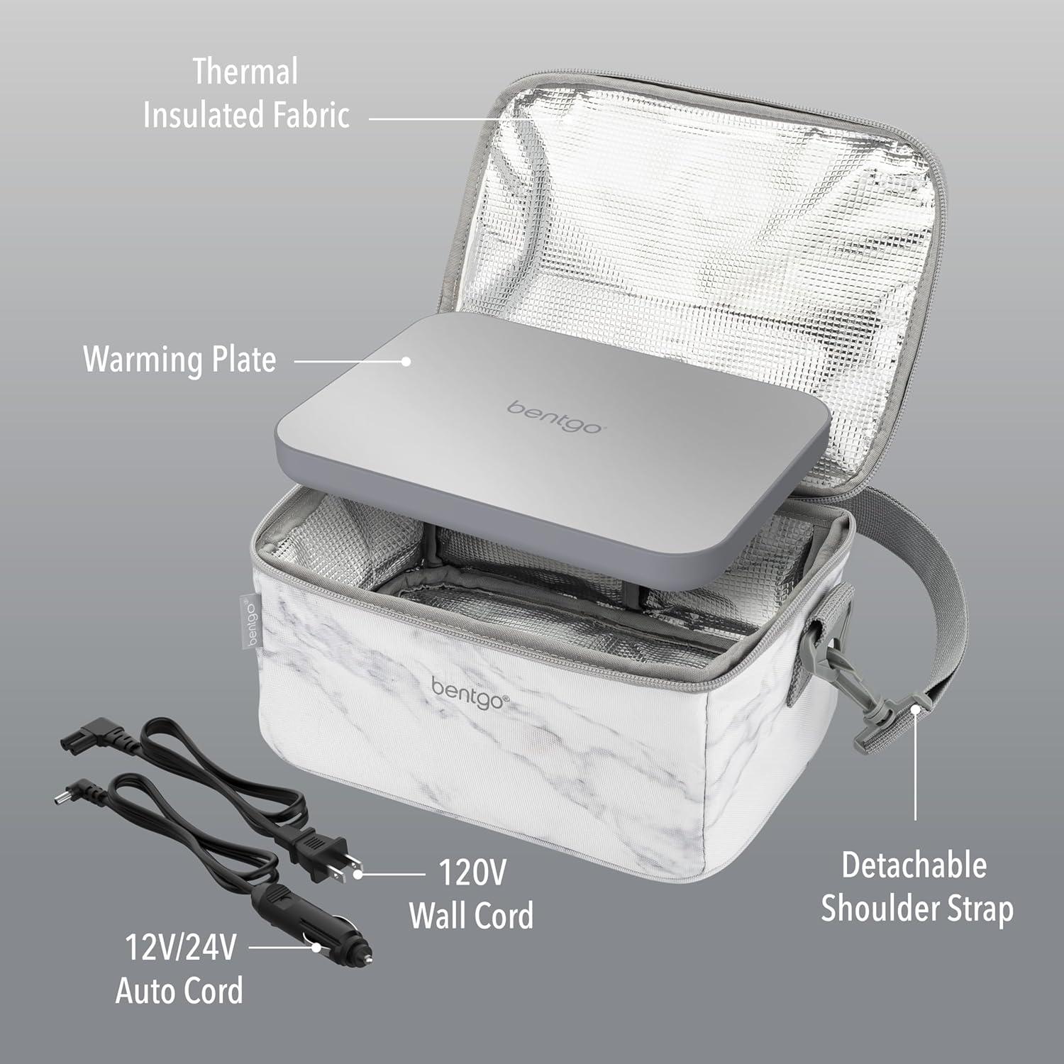 imageBentgo Heat Electric Lunch Bag amp Food Warmer for Reheating Meals in Car at Work amp More Heated Lunch Box Warmer for Adults Students amp Shift Workers 12V24V Auto amp 120V Wall Cords Carbon BlackWhite Marble
