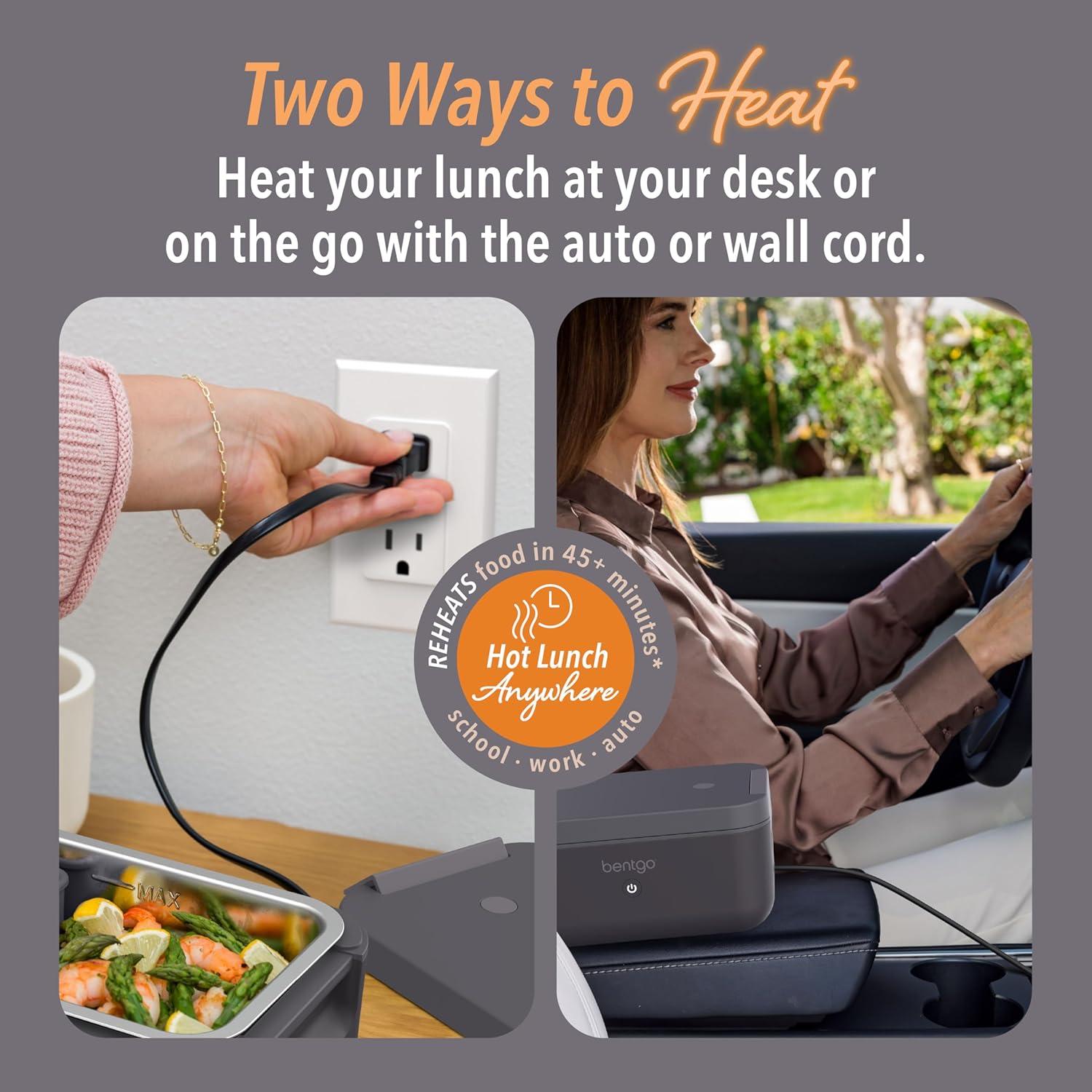 imageBentgo Heat Electric Lunch Box Portable Food Warmer for Adults Heated Lunch Box for Work Travel School amp On the Go Plug Into Wall or Car Ideal for Ages 14 12V24V amp 120V Cords ObsidianObsidian