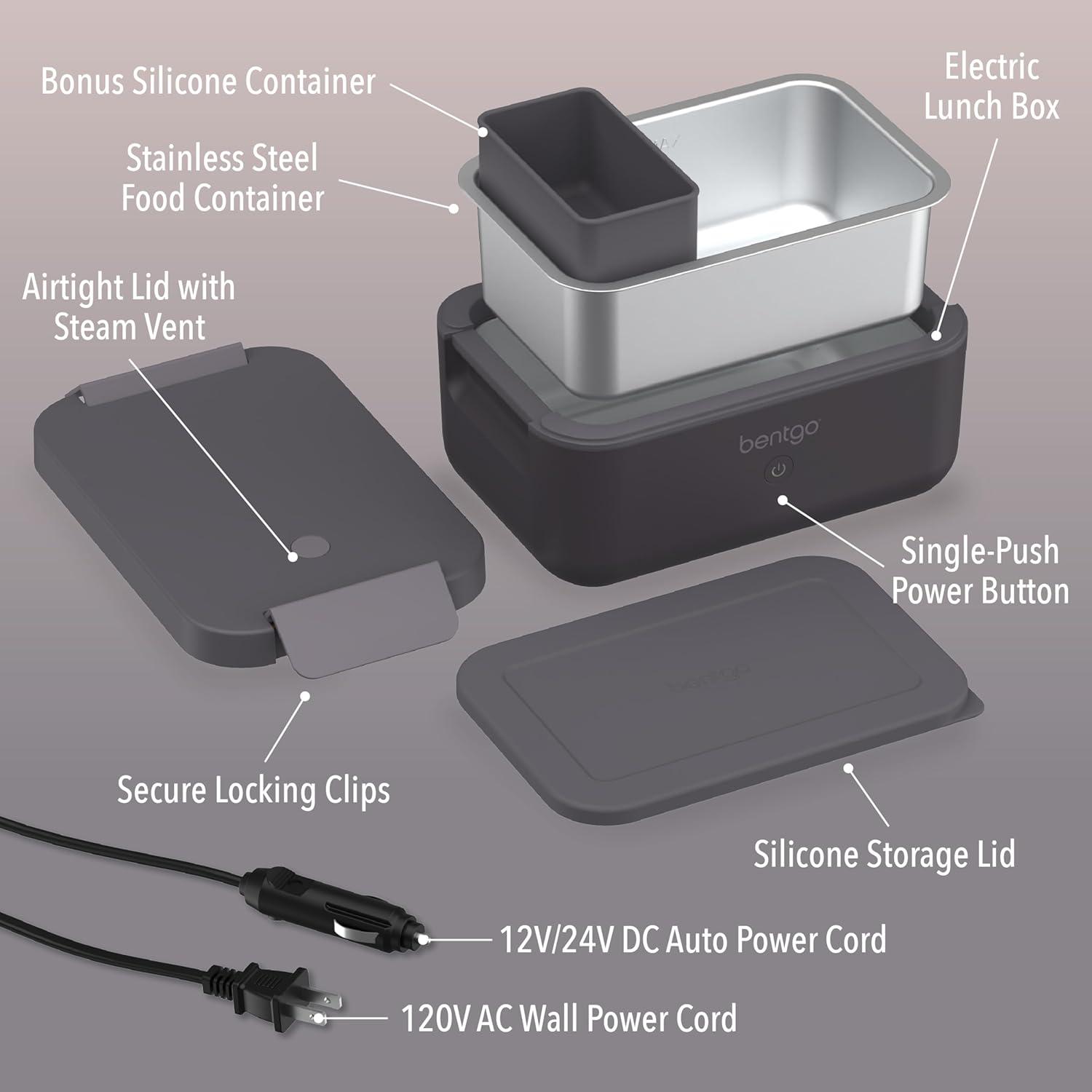 imageBentgo Heat Electric Lunch Box Portable Food Warmer for Adults Heated Lunch Box for Work Travel School amp On the Go Plug Into Wall or Car Ideal for Ages 14 12V24V amp 120V Cords ObsidianObsidian