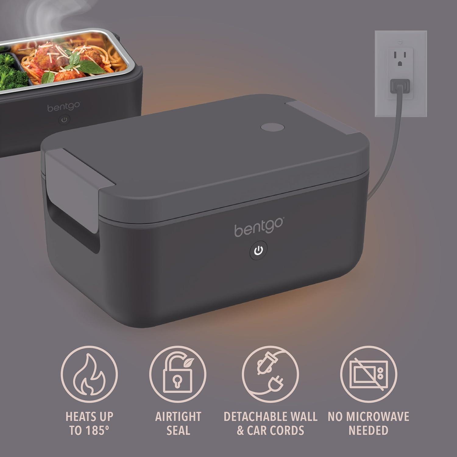 imageBentgo Heat Electric Lunch Box Portable Food Warmer for Adults Heated Lunch Box for Work Travel School amp On the Go Plug Into Wall or Car Ideal for Ages 14 12V24V amp 120V Cords ObsidianObsidian