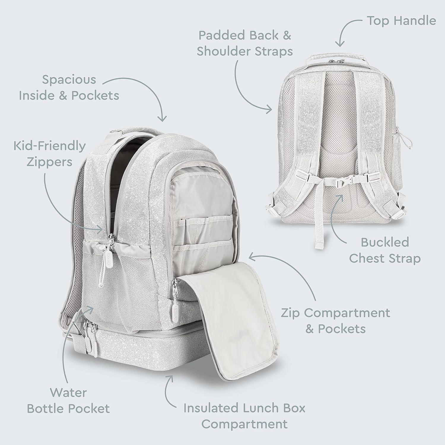 imageBentgo Kids 2in1 Backpack amp Insulated Lunch Bag Glitter Designed 16 Backpack for School amp Travel Durable Water Resistant Padded amp Large Compartments Glitter Edition Petal PinkGlitter Edition Silver
