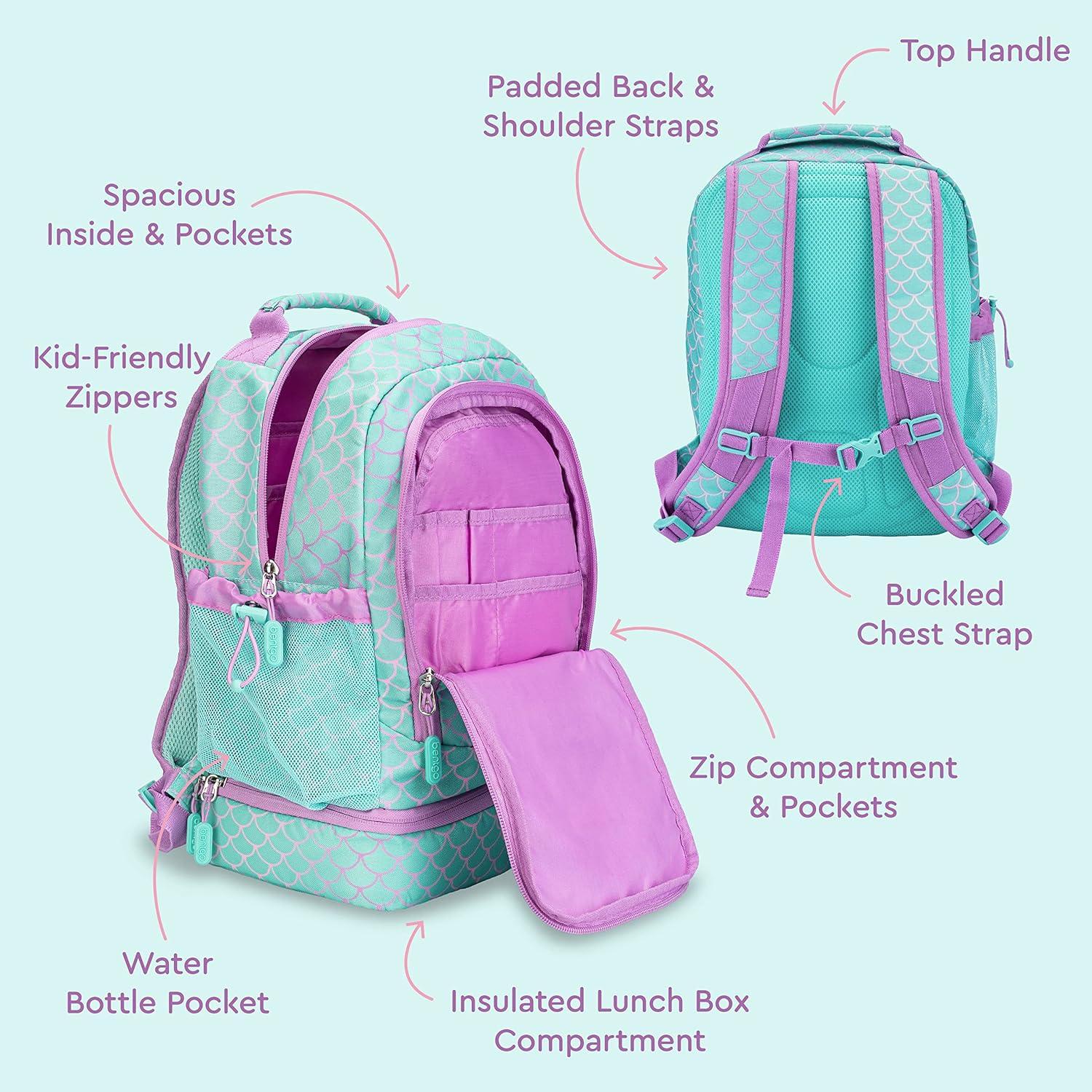 imageBentgo Kids 2in1 Backpack amp Insulated Lunch Bag Glitter Designed 16 Backpack for School amp Travel Durable Water Resistant Padded amp Large Compartments Glitter Edition Petal PinkMermaid Scales