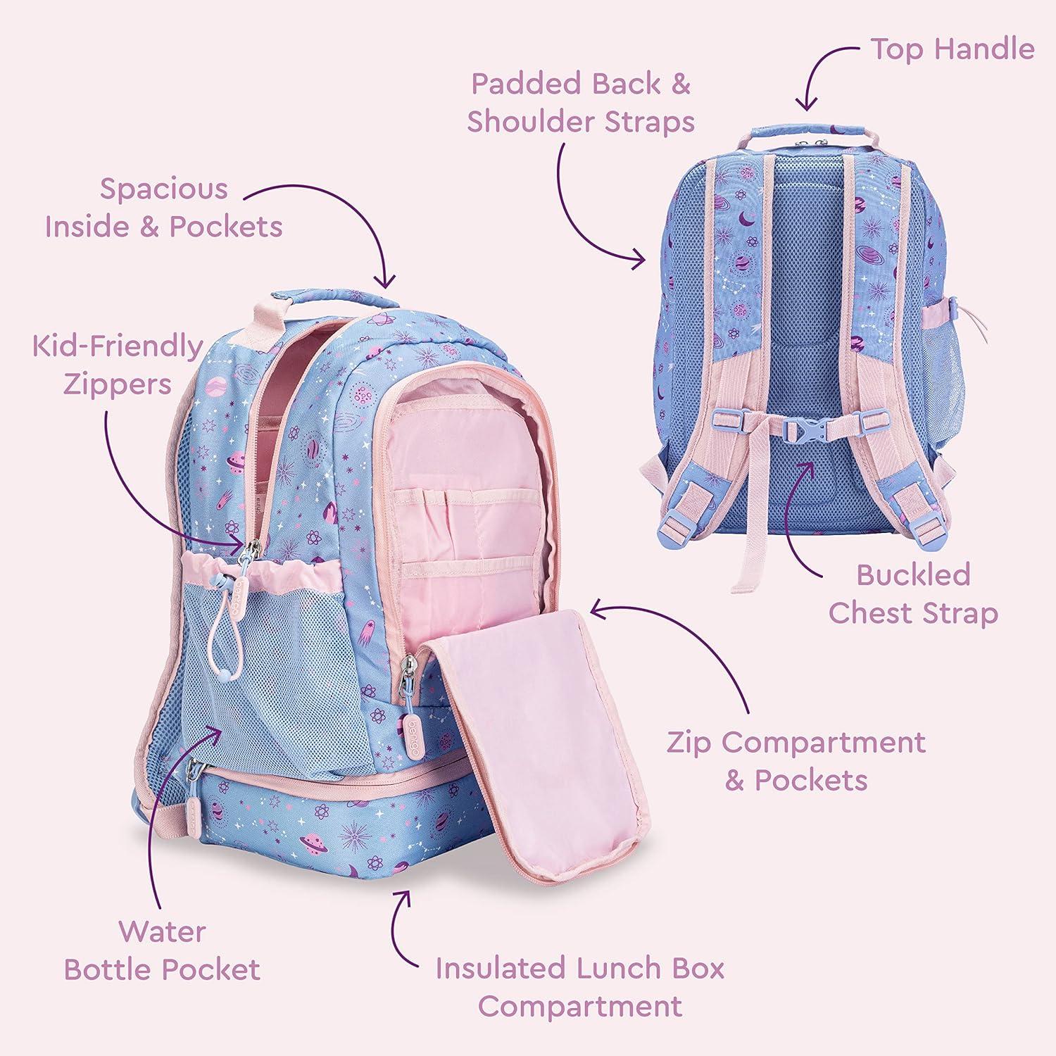 imageBentgo Kids 2in1 Backpack amp Insulated Lunch Bag Glitter Designed 16 Backpack for School amp Travel Durable Water Resistant Padded amp Large Compartments Glitter Edition Petal PinkLavender Galaxy